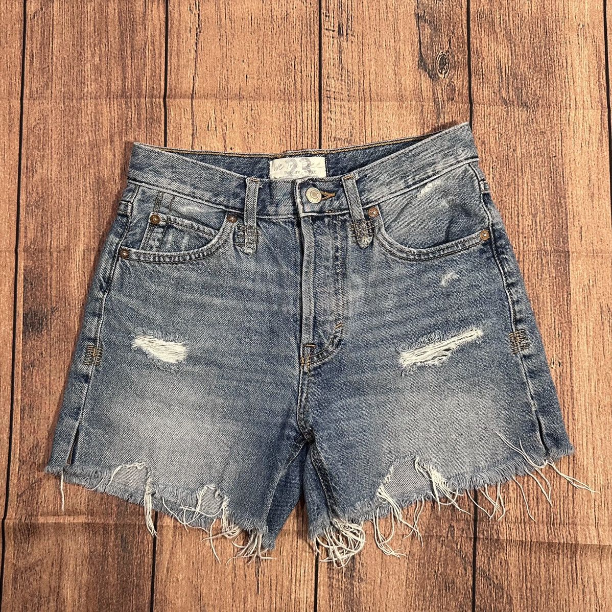 Free People Size 23: Free People Distressed Denim Button Fly Shorts Size 23" - 1 Thumbnail