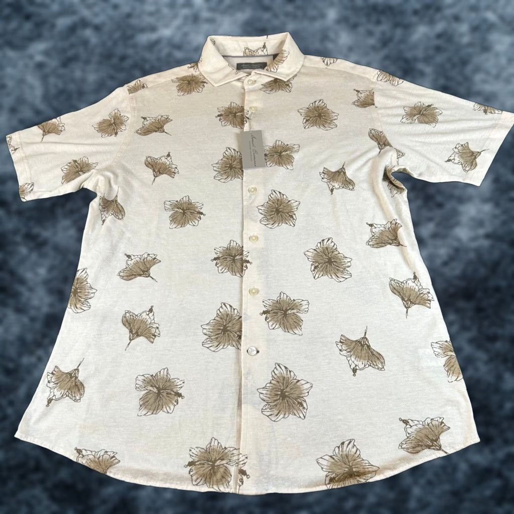 Cremieux Daniel Cremieux Floral Button-Up Shirt Short Sleeve Linen Blend Mens Large NWT Beige Size US L / EU 52-54 / 3 - 1 Thumbnail