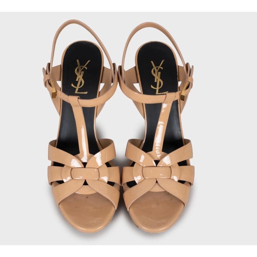 Saint Laurent Paris Saint Laurent Beige Patent Leather Wedge Sandals - Size 39 Size US 8 / IT 38 - 2 Thumbnail