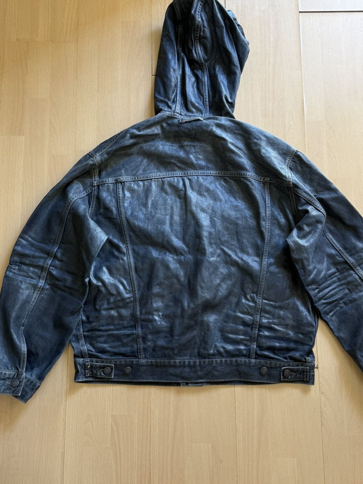 Glossy denim jacket with hood
