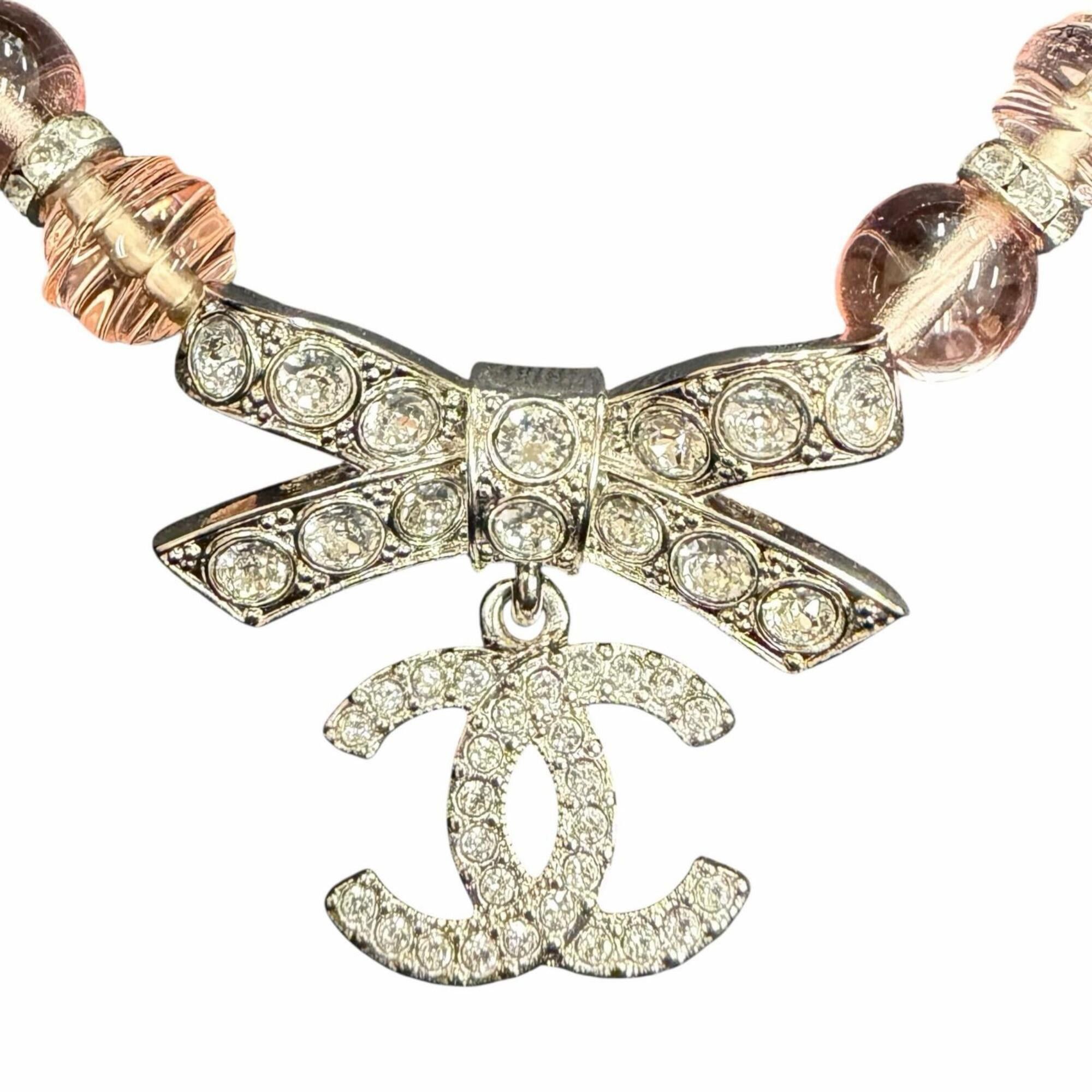 Chanel CHANEL (Chanel) 2023 Model B23S Coco Mark Ribbon Rhinestone Choker Necklace, Pink and Silver, with Box, Made in Italy, Women's. Size ONE SIZE - 1 Thumbnail