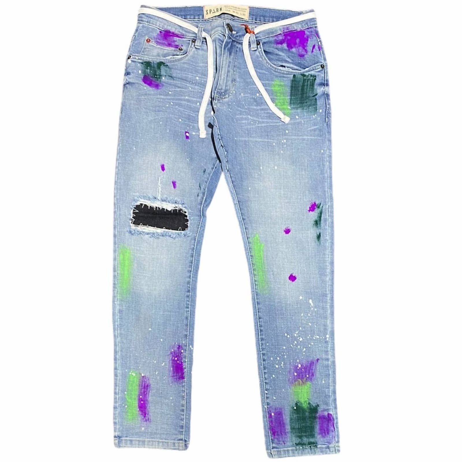 Designer SPARK Men's Paint Splattered Denim Jean In Light Blue Grailed
