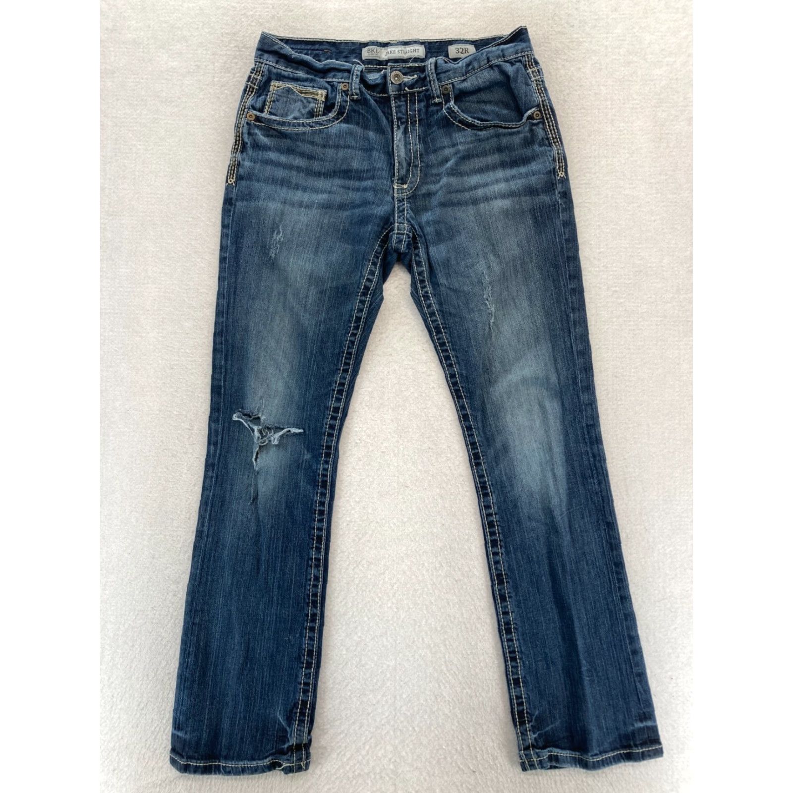 Vintage Buckle BKE Jeans Mens 32x30 Jake Straight Leg Dark Blue Stretch Denim Distressed Size US 32 / EU 48 - 2 Thumbnail