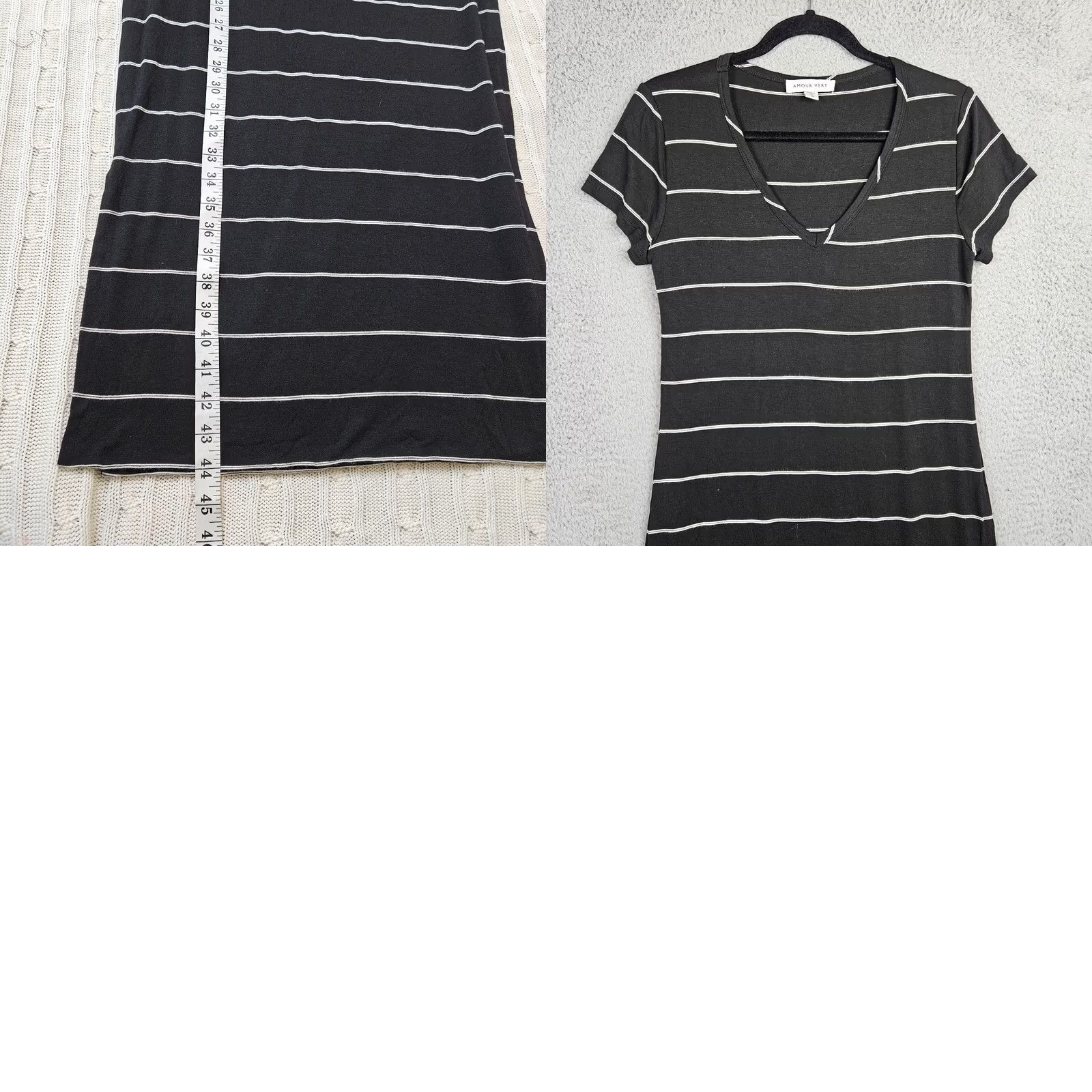 Vintage Amour Vert Dress Women Midi Short Sleeve Stripes V-Neck XS White Black A-Line Pattern Striped Lightweight Stretch Casual 90s? Size 26" / US 2 / IT 38 - 8 Thumbnail