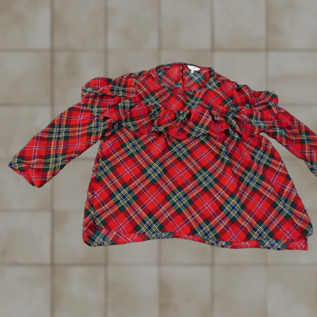 Vintage Crown & Ivy Blouse Shirt Womens Large Red Plaid Knit Polyester Round Neck Pullover Casual Long Sleeve Regular Fit Size L / US 10 / IT 46 - 1 Thumbnail