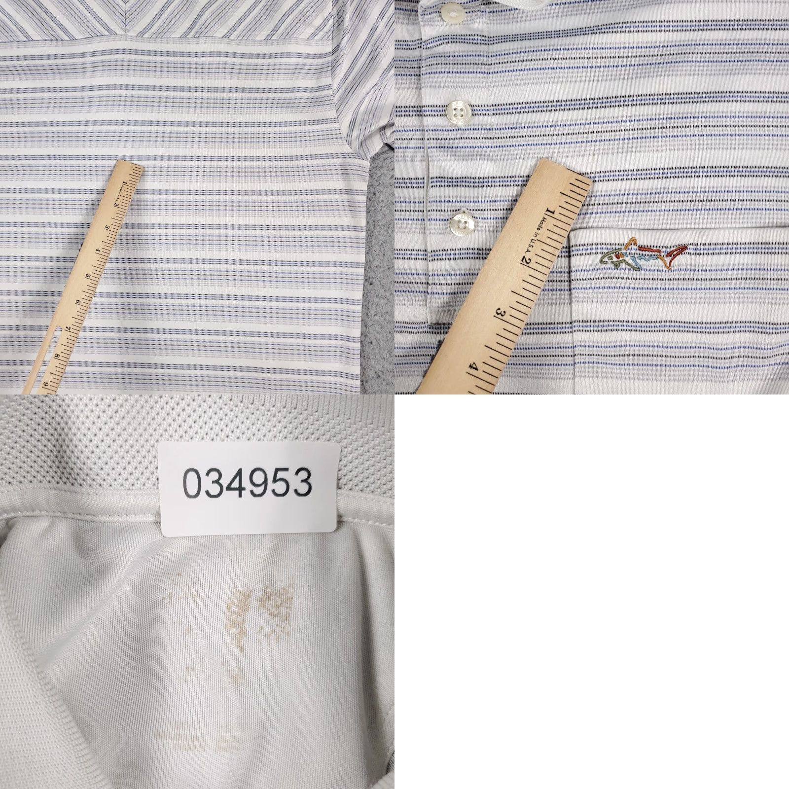 Vintage Greg Norman Shirt Mens Medium Gray Striped Shark Short Sleeve STAINED Size US M / EU 48-50 / 2 - 8 Thumbnail