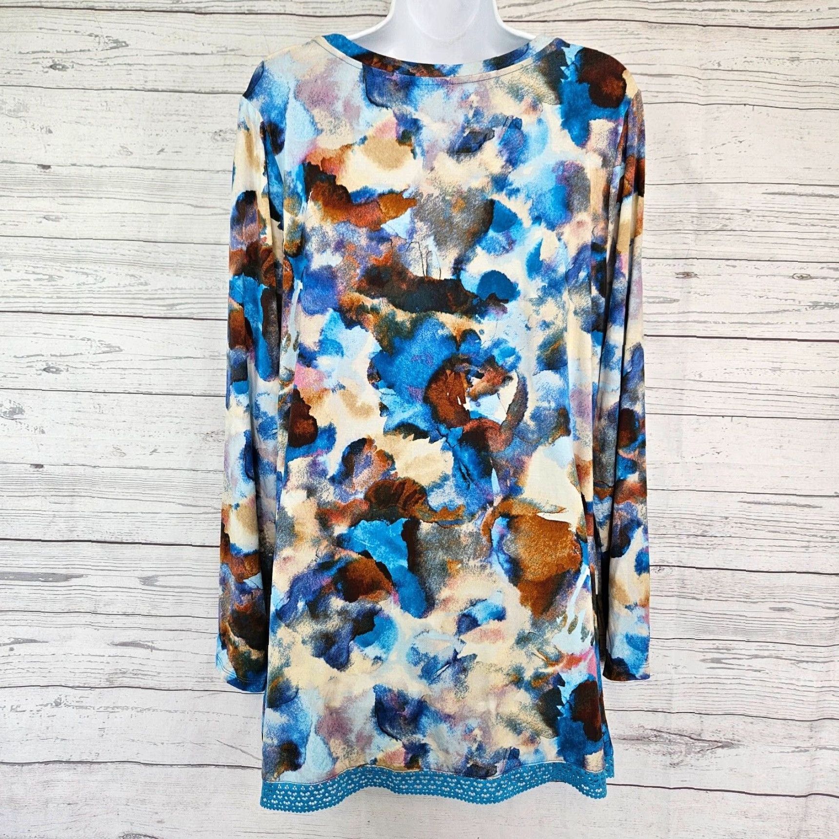 Vintage LOGO Lori Goldstein Womens Top Blouse Long Sleeve Size L Blue Brown Rayon Spandex Fit Basic 90s? Size L / US 10 / IT 46 - 3 Thumbnail