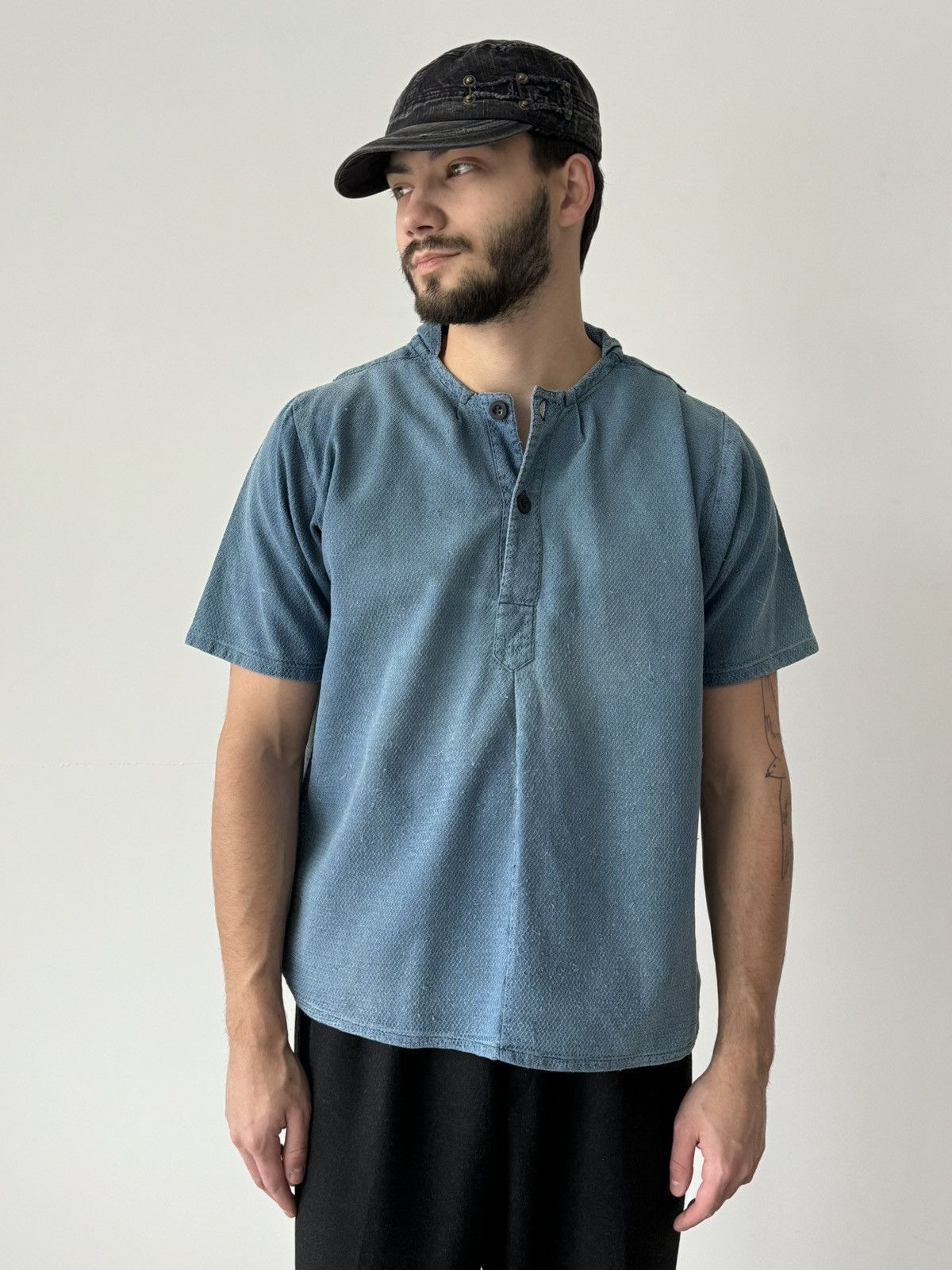 Le Laboureur × Vetra × Vintage 1970s French Workwear Fisherman Waffle Cotton Hooded Shirt Size US M / EU 48-50 / 2 - 1 Thumbnail