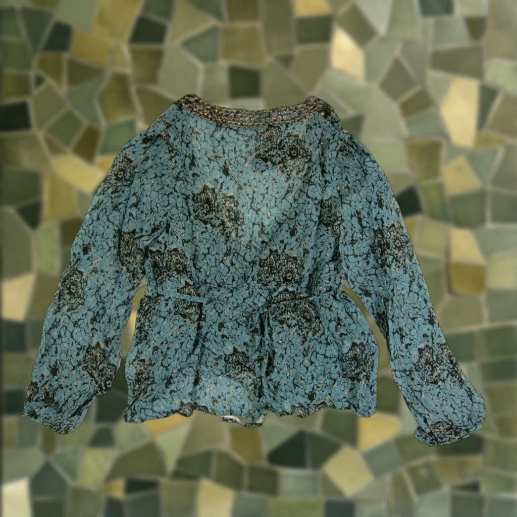 Vintage NWT Fairly 100% Rayon Blue Green Gold Studded Beaded Blouse Women Size L/48 Size L / US 10 / IT 46 - 1 Thumbnail