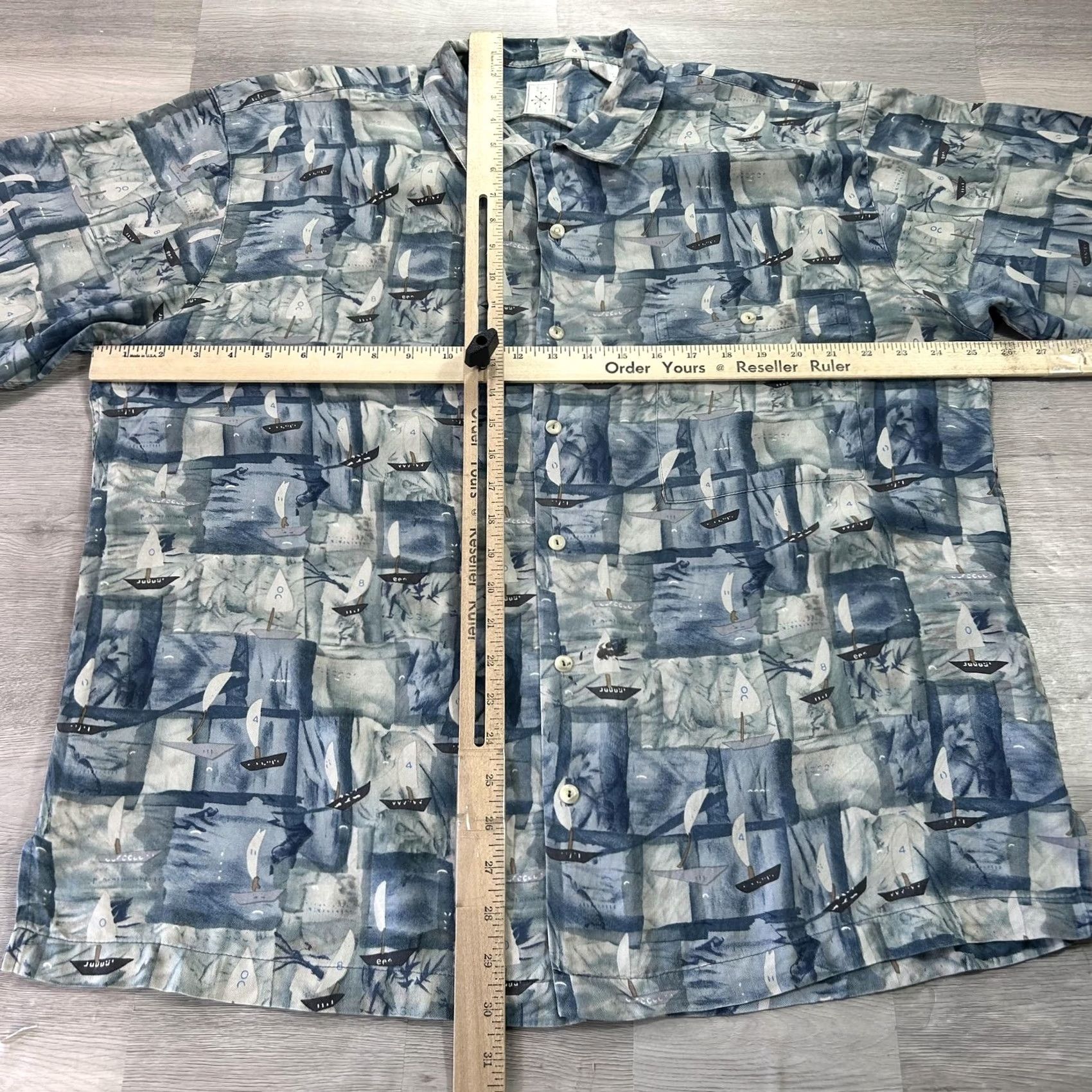 Nautica Burma Bibas Shirt Mens Large Blue Sailboat Nautical Silk Short Sleeve Button Up Size US L / EU 52-54 / 3 - 6 Thumbnail