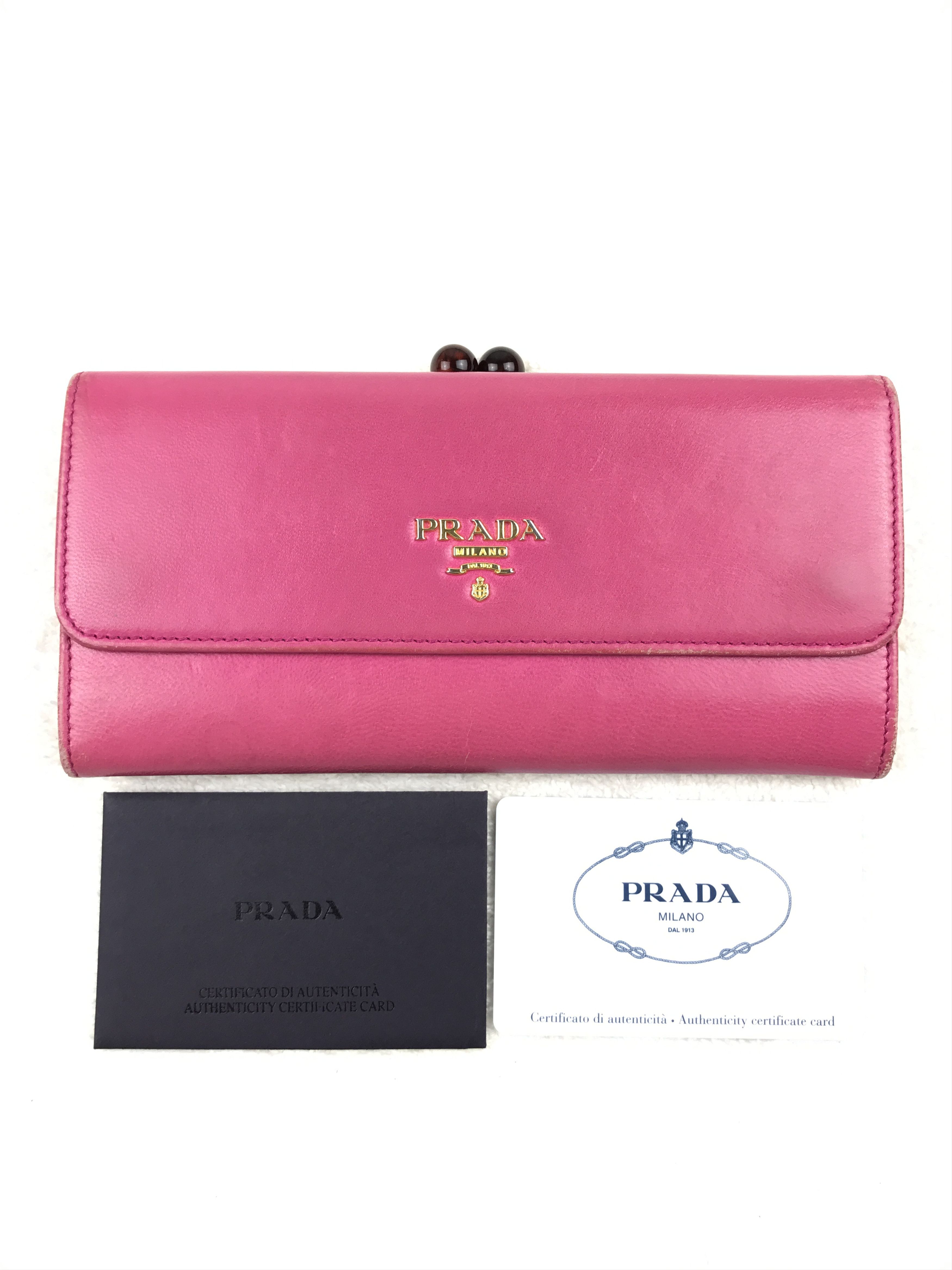 image of Vintage Prada Saffiano Bifold Long Wallet With Box in Pink, Women's