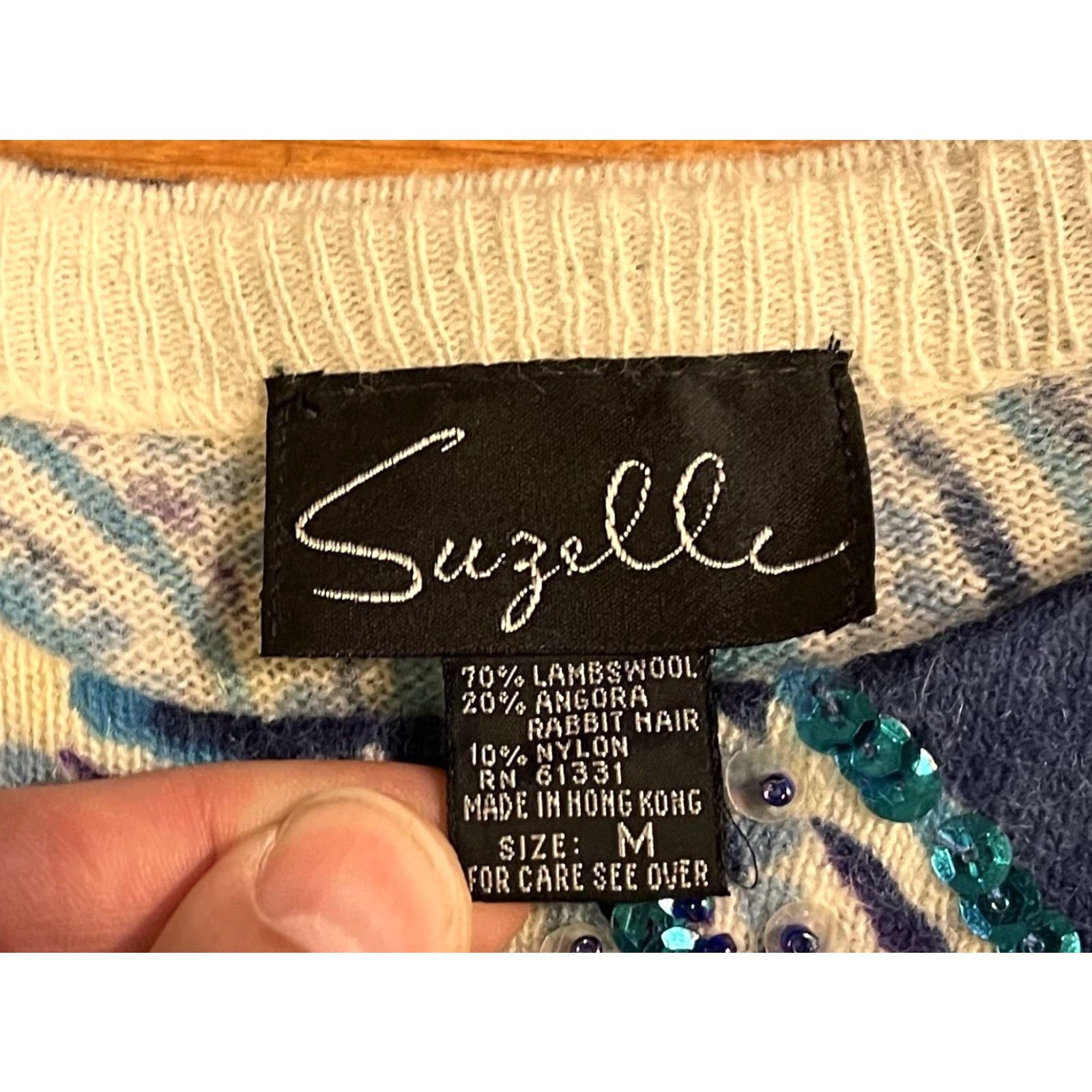 Vintage VINTAGE Suzelle Sweater Woman’s M Blue Angora Lambswool Sequin Beaded 80s Crew Neck Pullover Knit Wool Pattern Geometric Casual Party/Cocktail Size M / US 6-8 / IT 42-44 - 5 Thumbnail