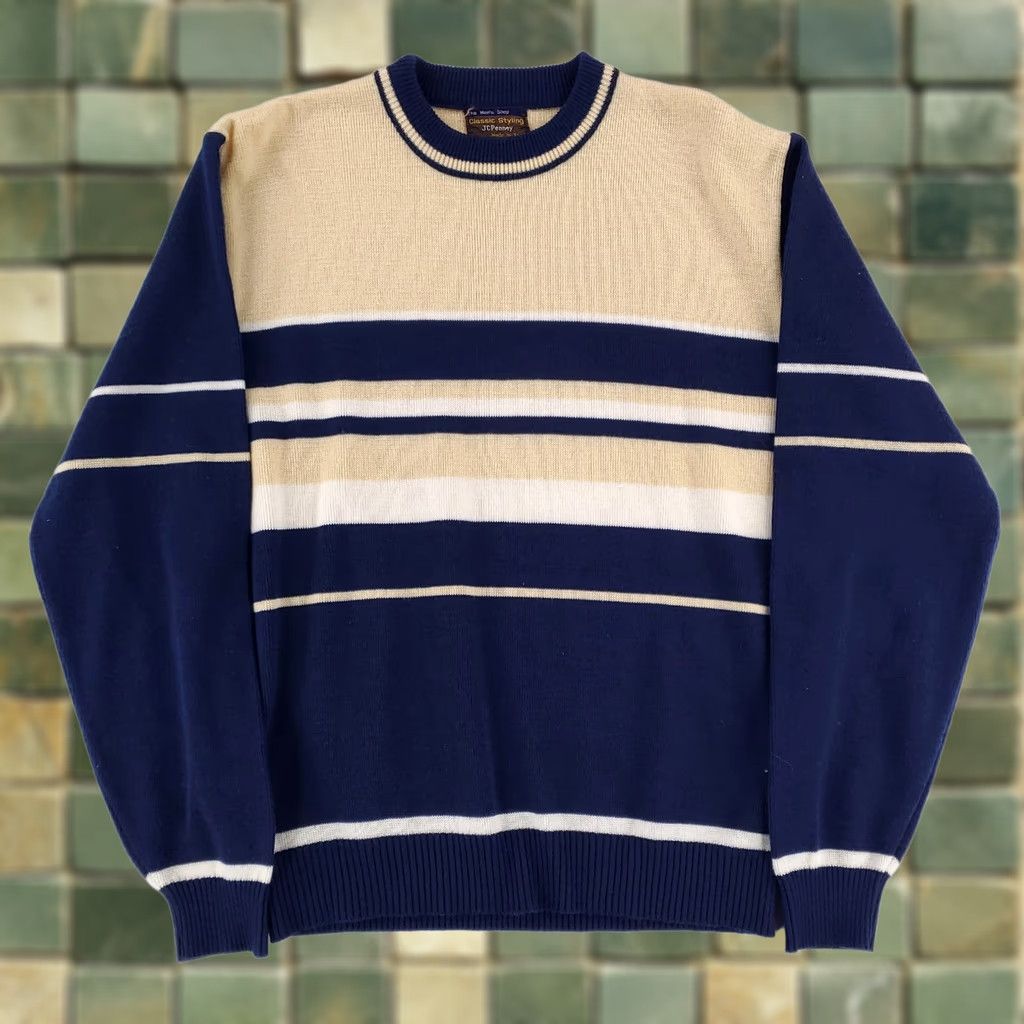 JCPenney VINTAGE JC Penney Sweater Crewneck Striped White Blue Yellow Mens L Size US L / EU 52-54 / 3 - 1 Thumbnail
