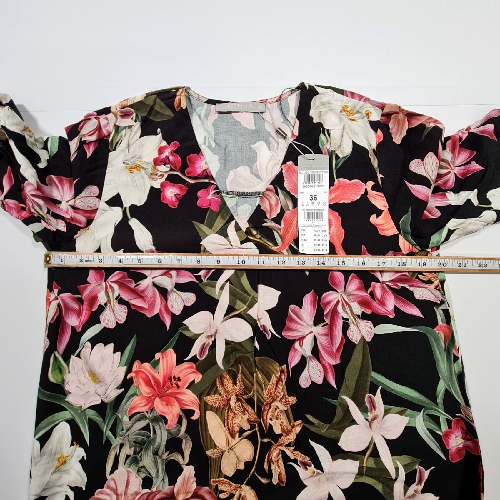 CO Betty & Co Blouse Black 10 UK Floral V-Neck 3/4 Sleeve Tunic Top Womens Size L / US 10 / IT 46 - 5 Thumbnail