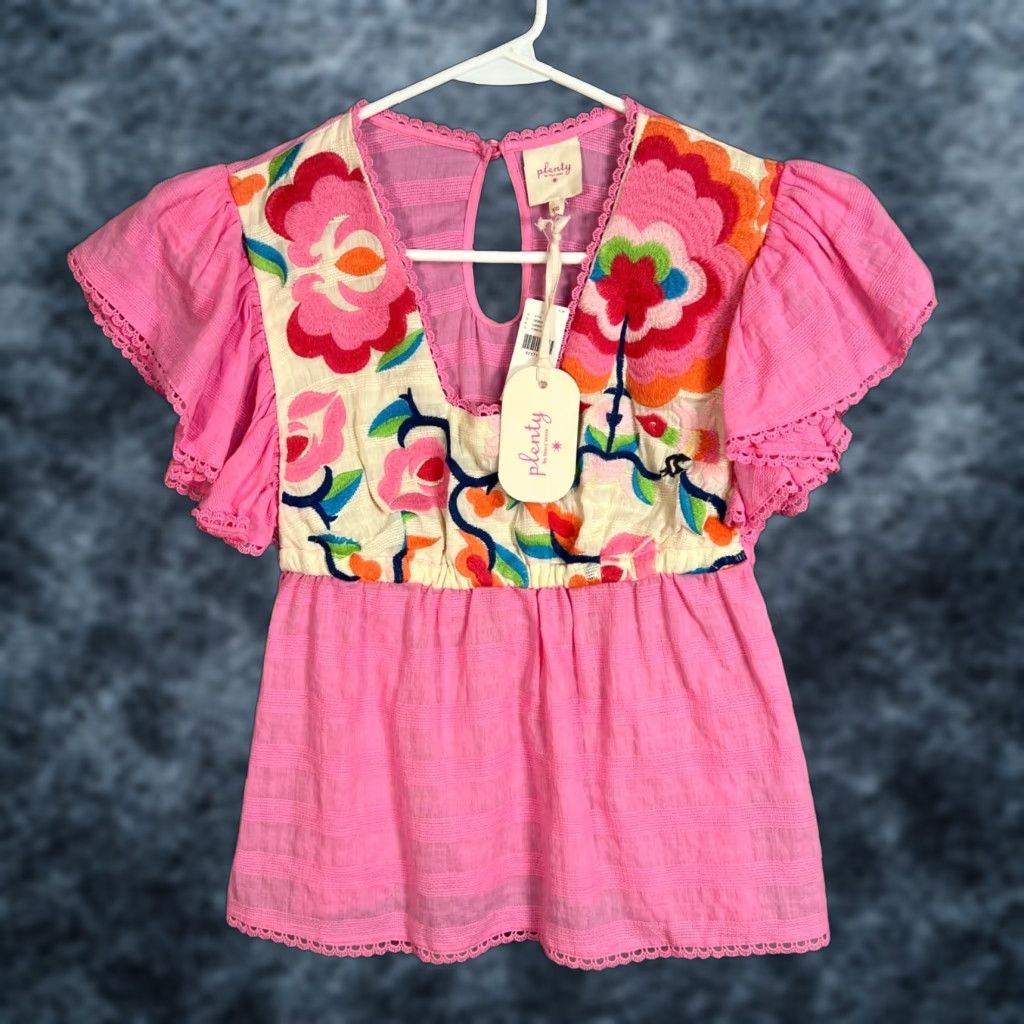 Pinko Plenty by Tracy Reese Womens XS Pink Embroidered Ruffle Sleeve Cotton Top Blouse Size XS / US 0-2 / IT 36-38 - 1 Thumbnail