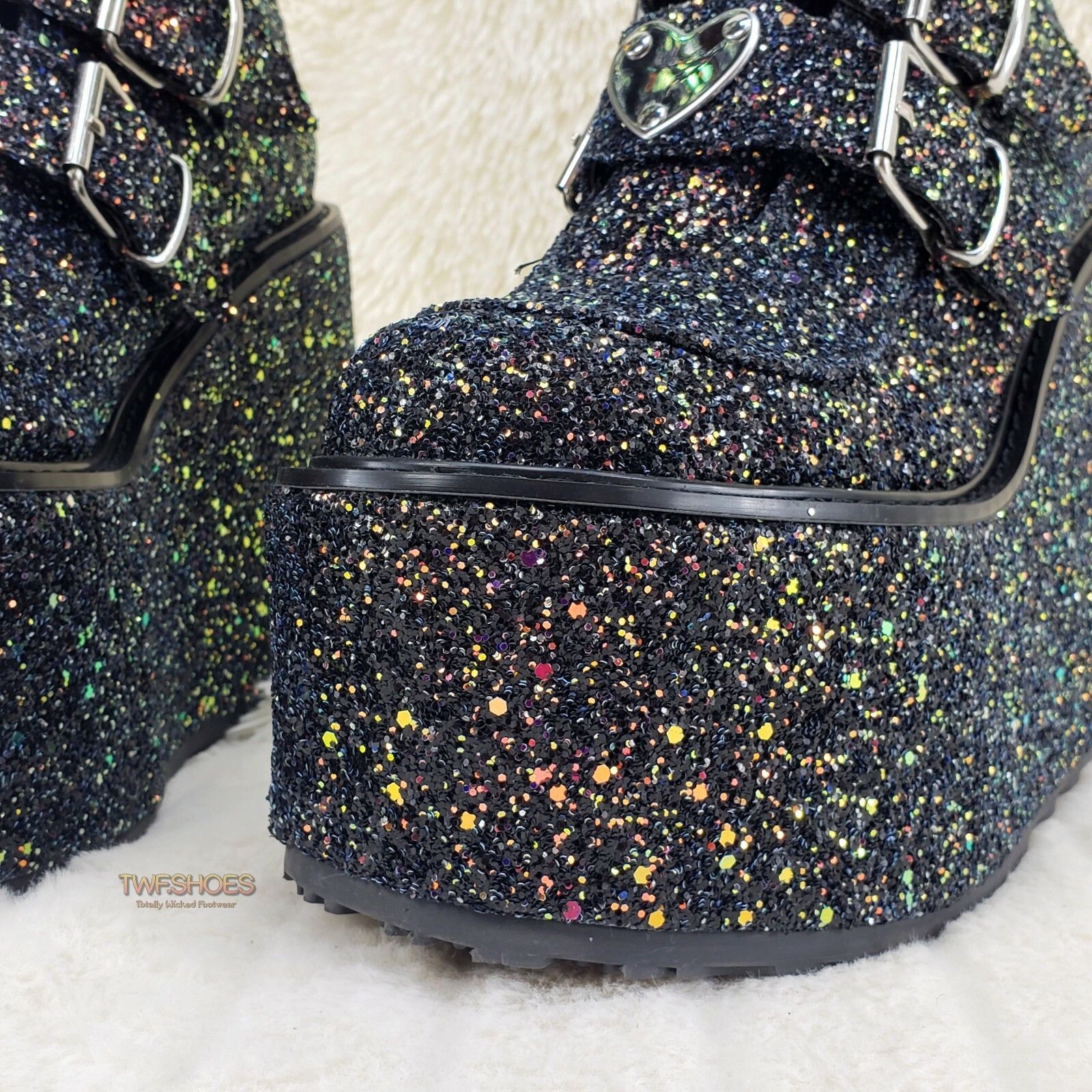 Demonia Cult DEMONIA Swing 230G Black Glitter Platform Boots Heart Strap Size US 8 / IT 38 - 9 Thumbnail
