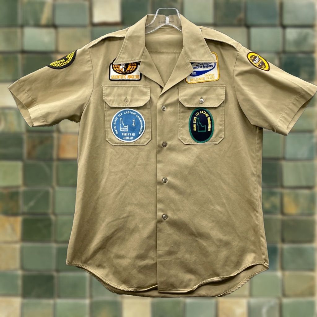 Champion Vintage Fly Fishing Shirt Women's Brown Twill Patches Embroidered Champion, Button-Up, 1979, Size Large, Size L, Casual Workwear, Martin Mfq. Size L / US 10 / IT 46 - 1 Thumbnail