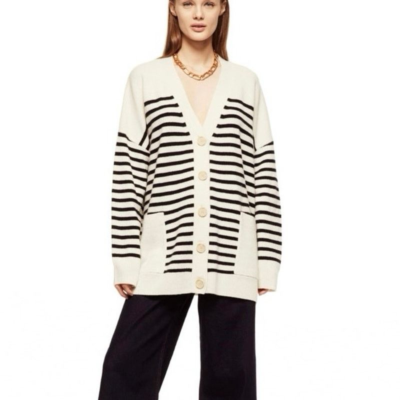 Zara Zara Black Ecru Striped Oversized Wool V-neck Cardigan Sz M Size M / US 6-8 / IT 42-44 - 1 Thumbnail