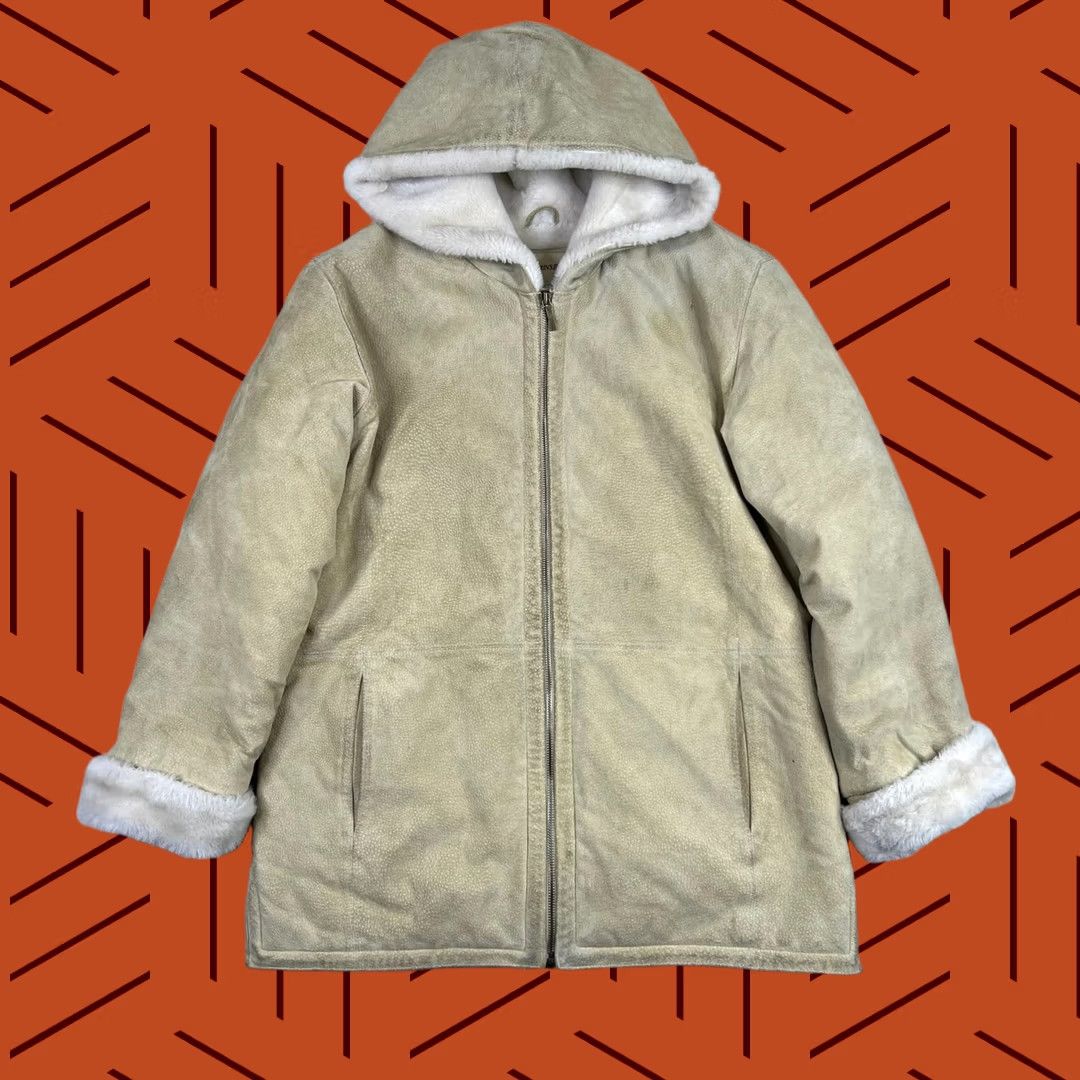 St. John's Bay Coat Mens Medium Tan Suede Leather Hooded Sherpa Lined Zip in Beige, Men's
