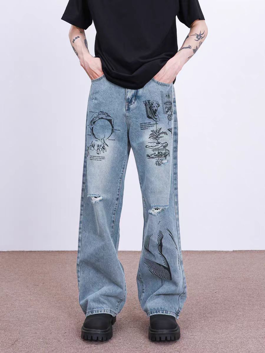 Japanese Brand × Jean Vintage graffiti-print ripped baggy jeans Size US 34 / EU 50 - 1 Thumbnail