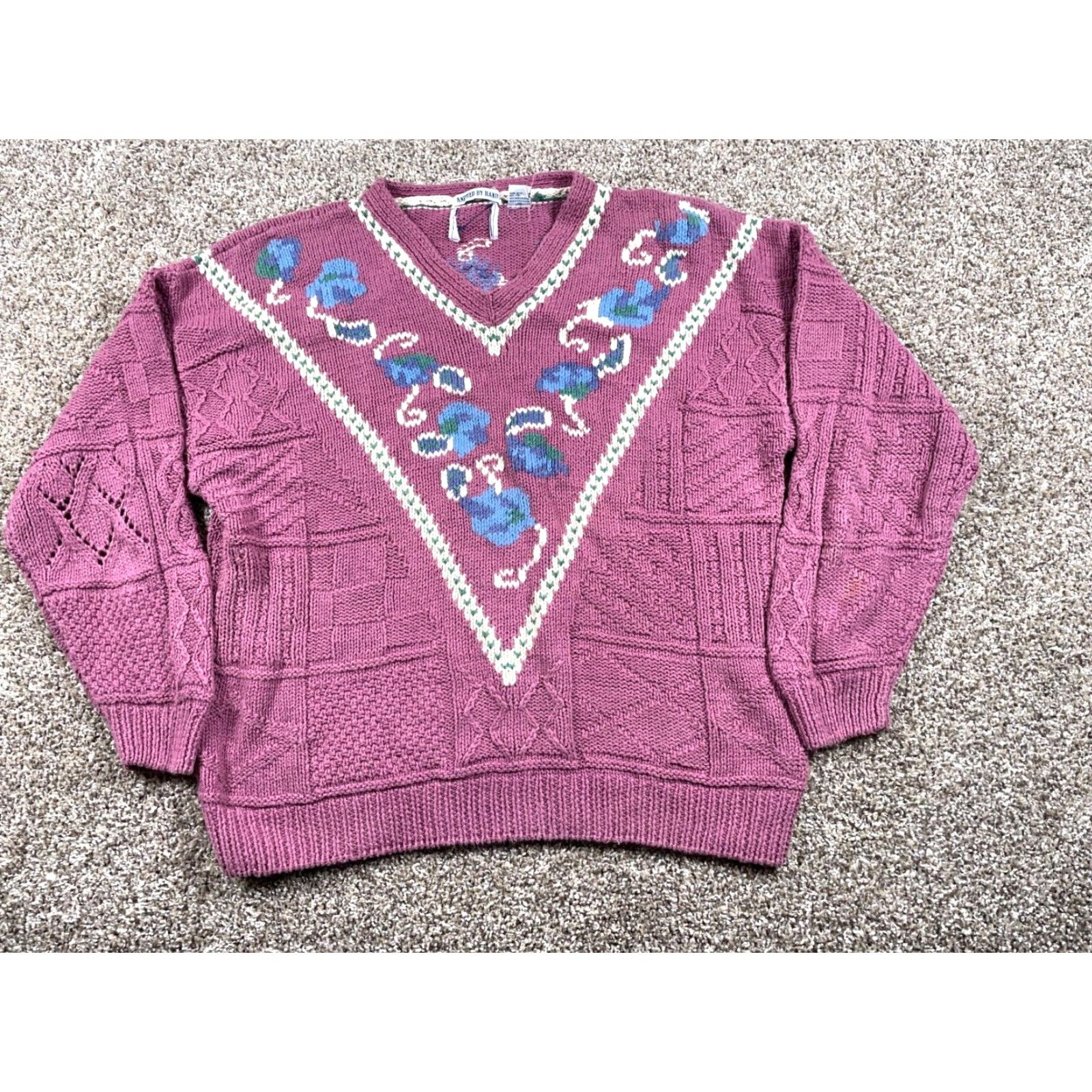 Vintage VINTAGE Women's Sweater XL Pink Paisley Hand Knit V-Neck Heavyweight Cotton Ramie 90s Hippie Retro Womens Size XL / US 12-14 / IT 48-50 - 2 Thumbnail