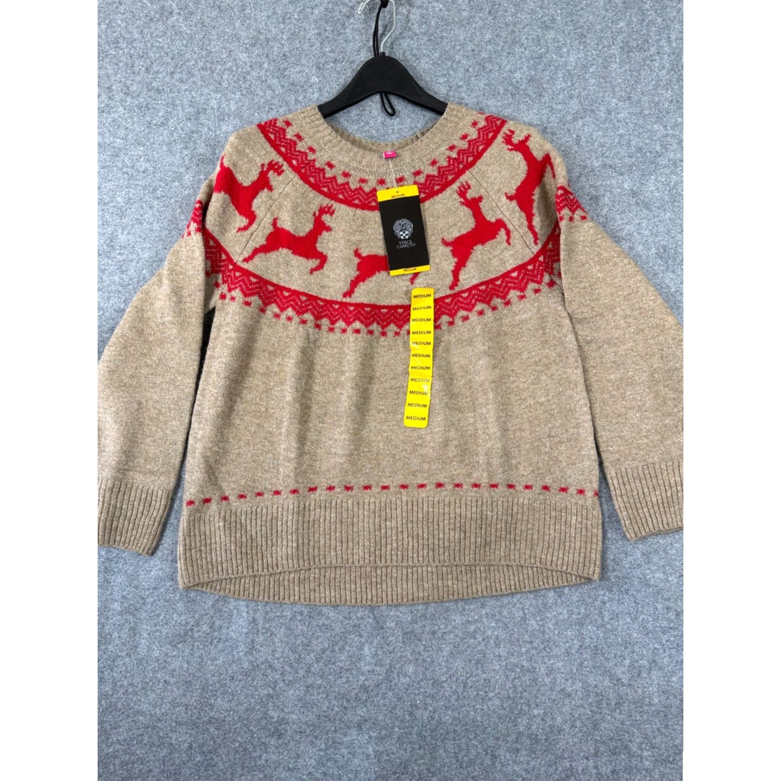 Vince Camuto Vince Camuto Holiday Sweater Womens M Brown Red Reindeer Fair Isle Stretch NWT Size M / US 6-8 / IT 42-44 - 3 Thumbnail