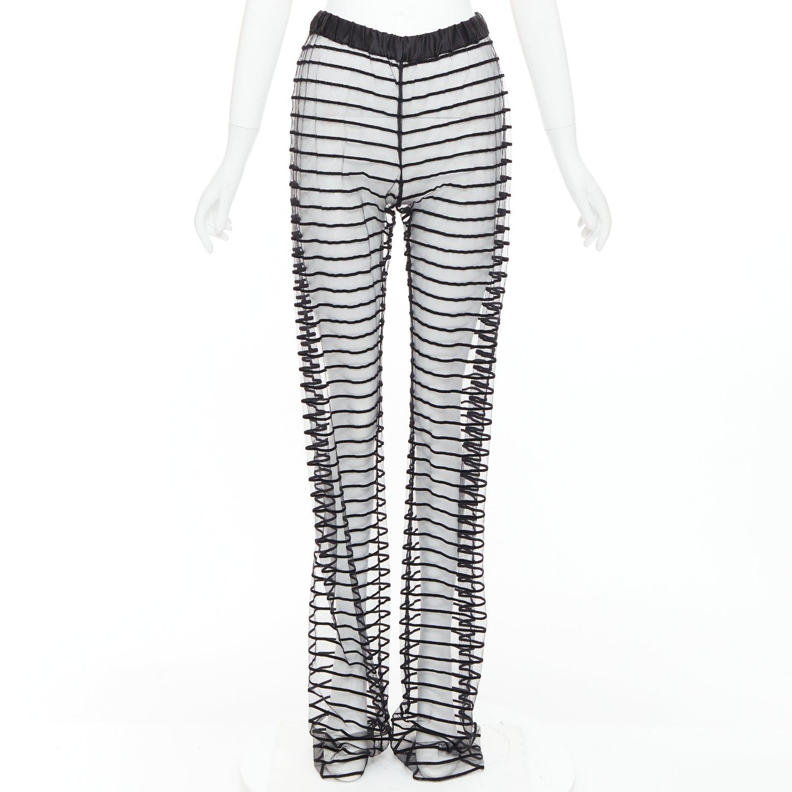Dries Van Noten DRIES VAN NOTEN black flocked mesh striped sheer straight leg pants FR34 XS Size 26" / US 2 / IT 38 - 1 Thumbnail