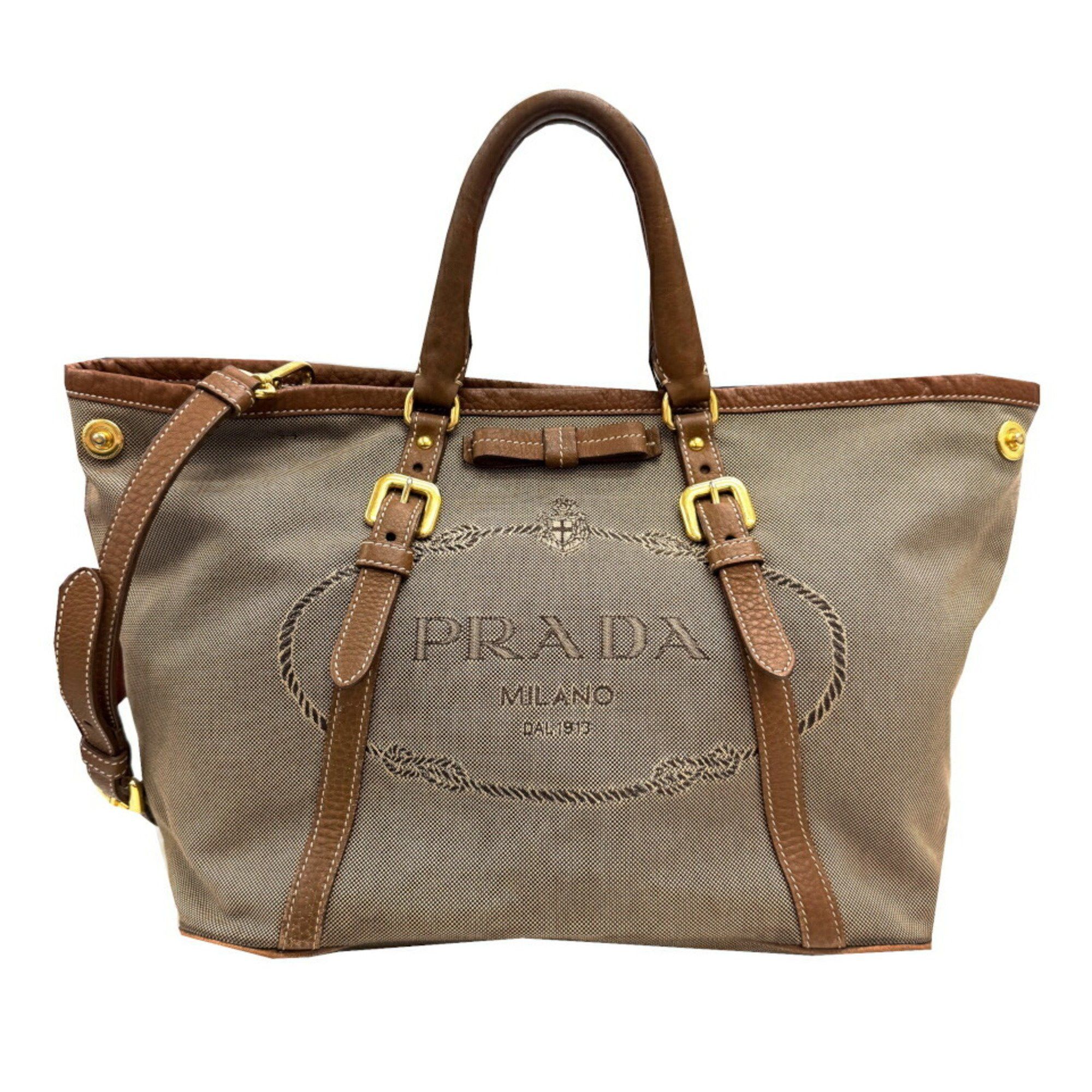 Prada Prada Jacquard Shoulder Bag Canvas Leather Women's Size ONE SIZE - 1 Thumbnail