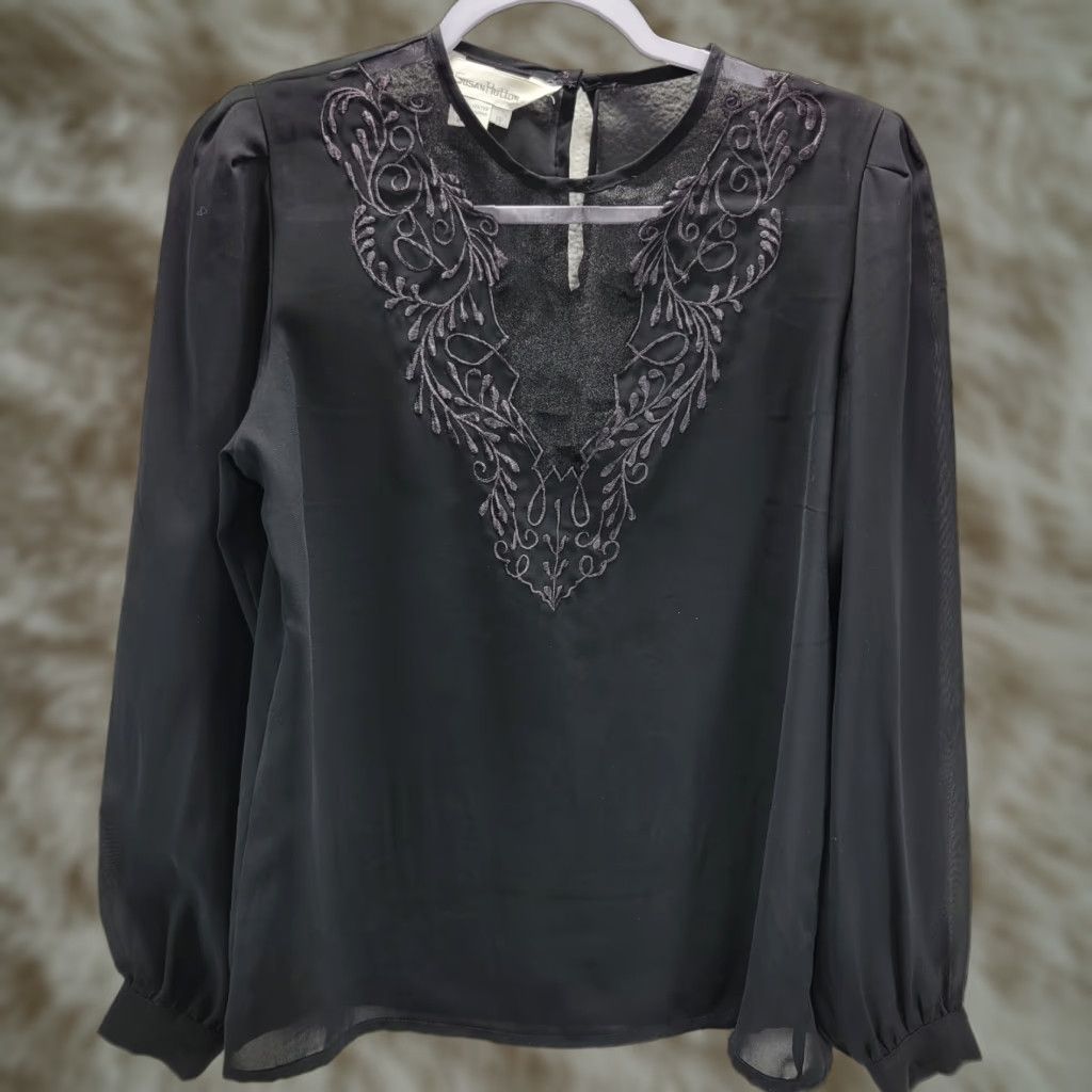 Vintage Susan Hutton Black Sheer Embroidered Blouse Shirt Long Puff Sleeve Sz 8 Women’s XS? No, keep as 8 Size M / US 6-8 / IT 42-44 - 1 Thumbnail