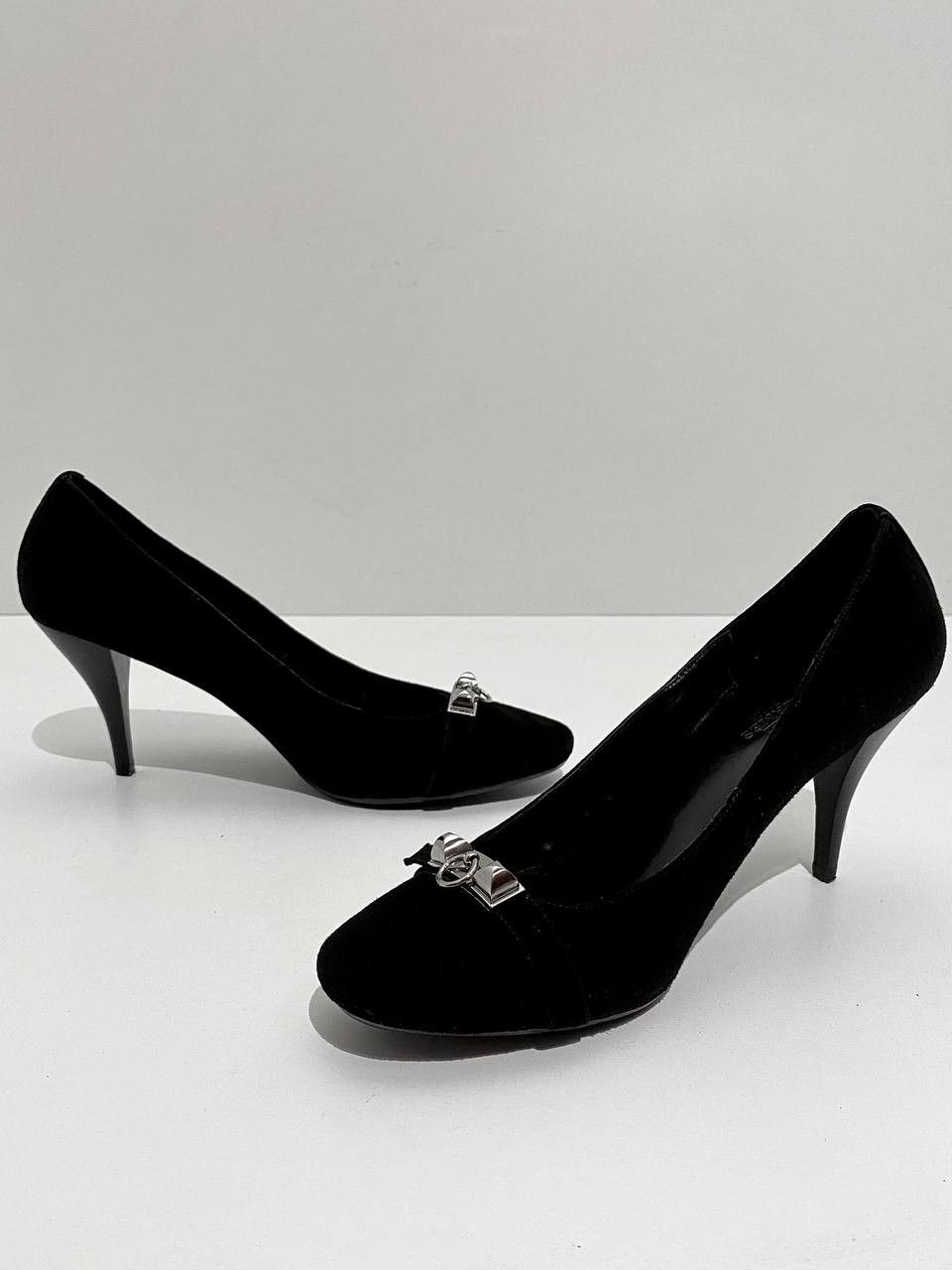 Hermes Hermes Collier Chien Black Suede Leather Silver Logo Heels Size US 7 / IT 37 - 7 Thumbnail