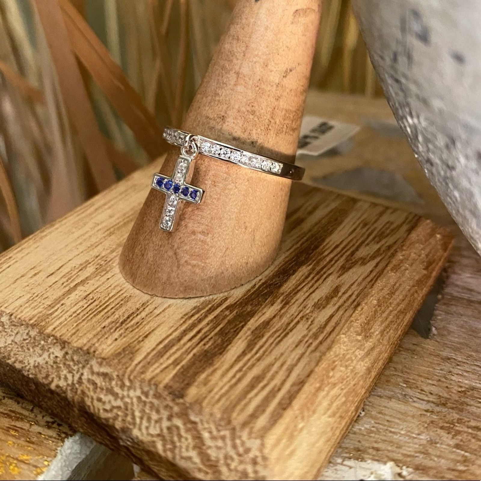 The Unbranded Brand Sapphire CZ Cross Dangle Sterling Silver Ring Size ONE SIZE - 6 Thumbnail