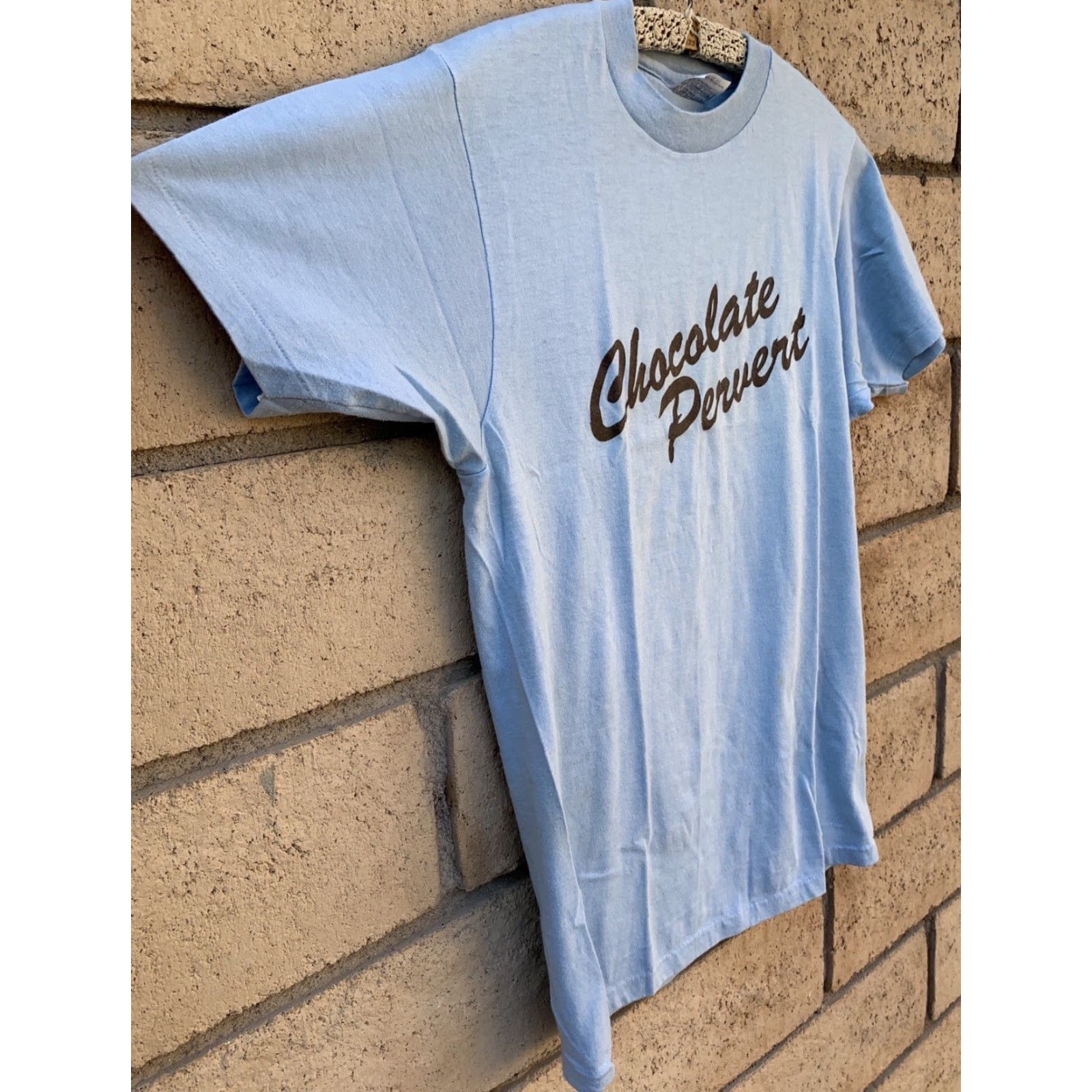 Hanes VINTAGE Hanes T-Shirt Graphic Print Blue 38-40 Men Single Stitch Short Sleeve M 1980s Chocolate Pervert Hanes Fifty Fifty Size US M / EU 48-50 / 2 - 3 Thumbnail
