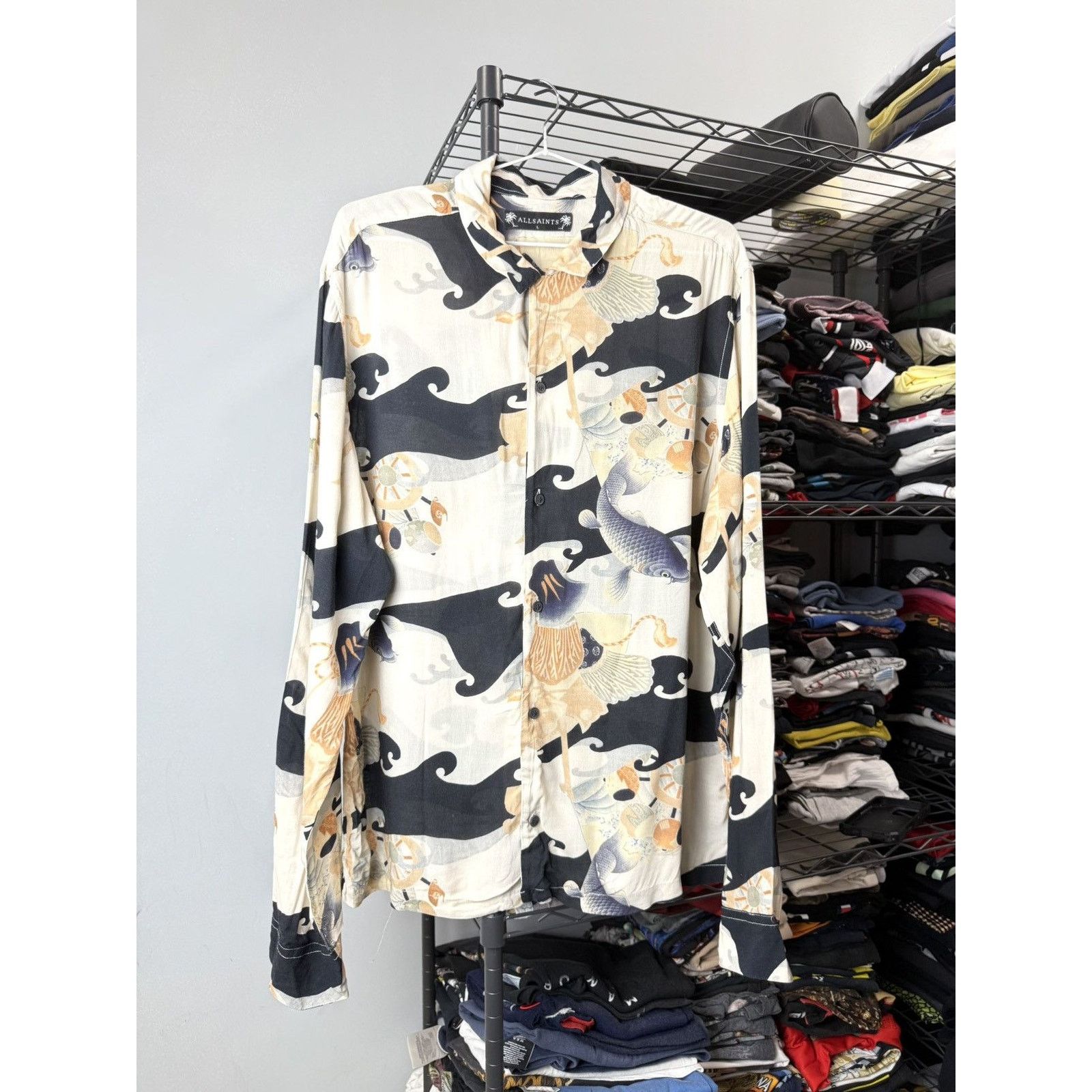 AllSaints Pattern Japan Fish Print Shirt Luxury Retro Style