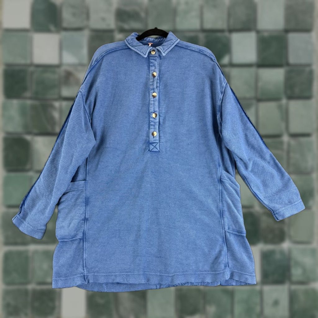 Free People Free People Polo Shirt Tunic Womens Small Blue Oversized Pockets Knit Cotton Willow Polo Tunic Shirt Size S / US 4 / IT 40 - 1 Thumbnail