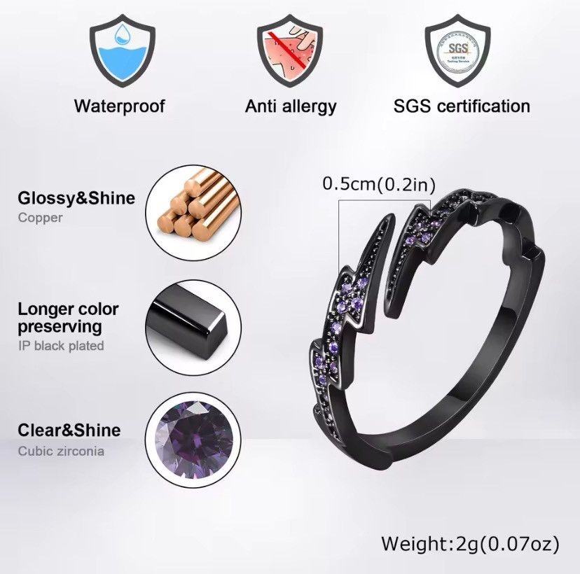 Other Gothic Black Lightning Open Ring Size ONE SIZE - 2 Thumbnail