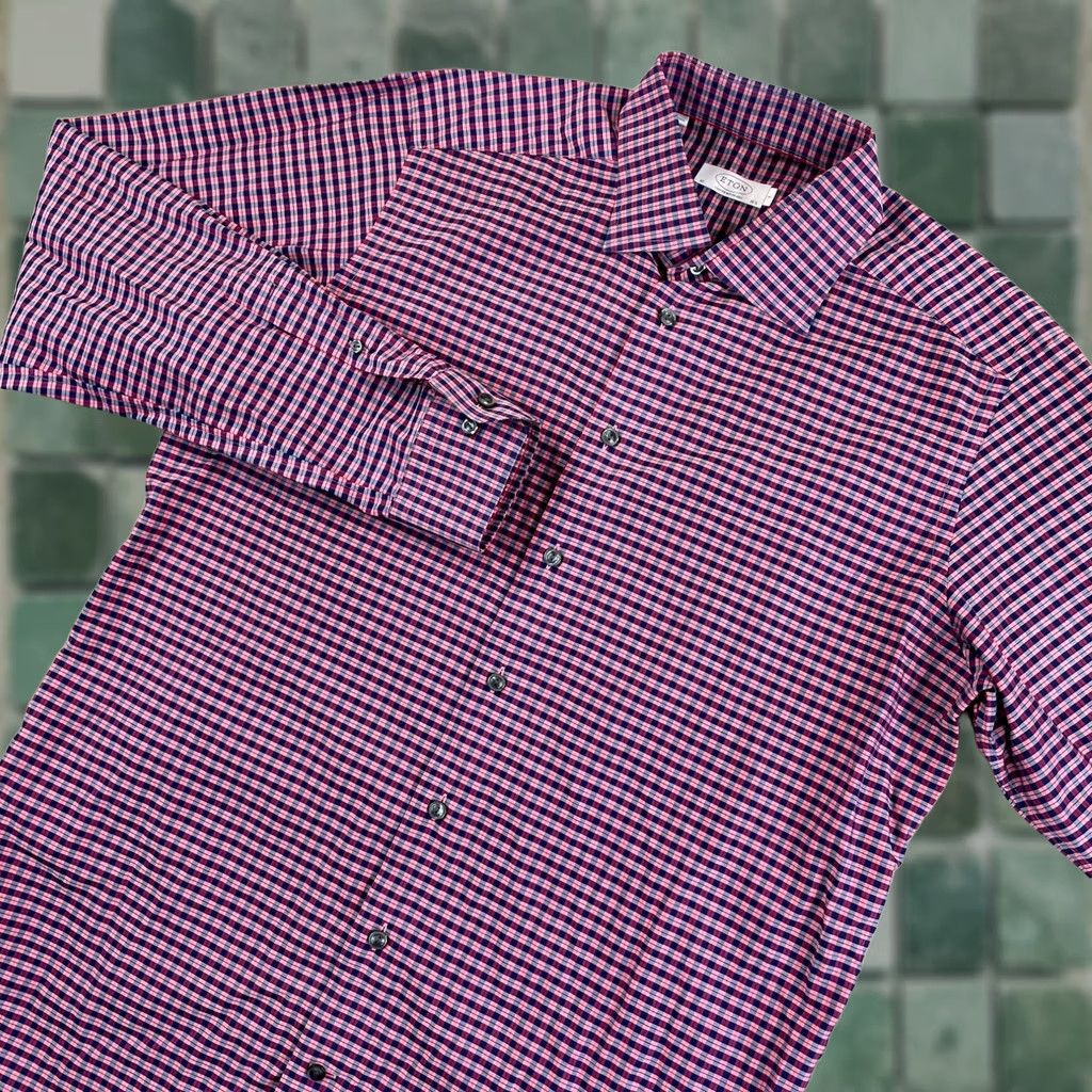 Eton ETON Shirt Men 42 16.5 Large Pink Navy Plaid Designer Long Sleeve Size US L / EU 52-54 / 3 - 1 Thumbnail