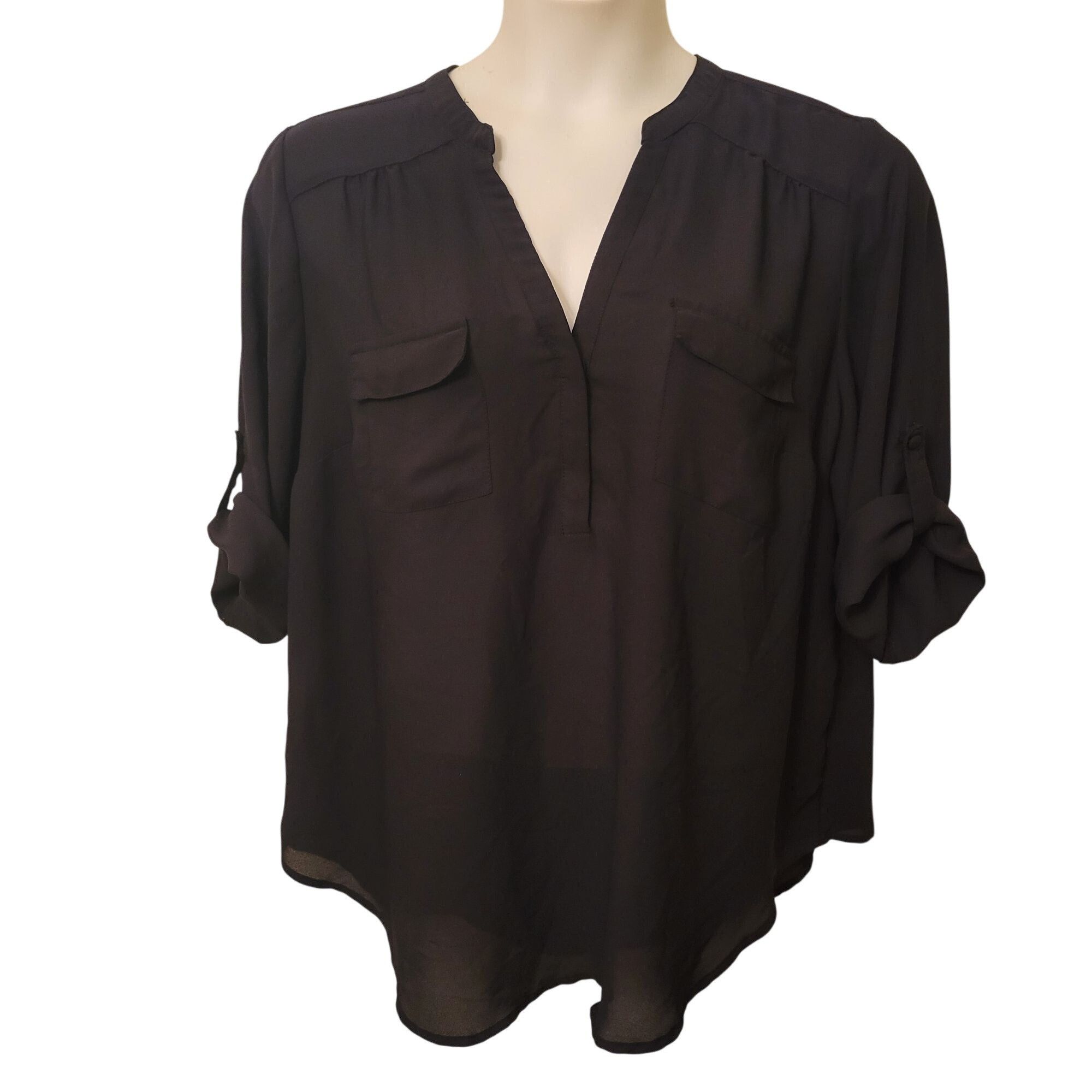 Torrid Torrid 1X Black V Neck Blouse Roll Tab Sleeves Sheer Top Poc Size XXL / US 16-18 / IT 52-54 - 1 Thumbnail