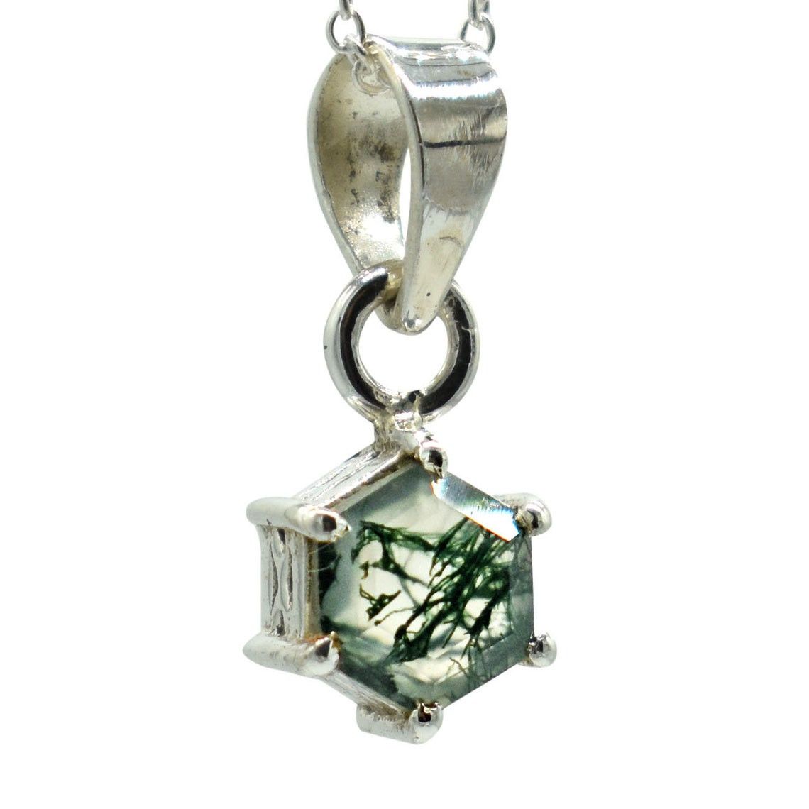 Handmade Hexagon Moss Agate 925 Sterling Silver Necklace Size ONE SIZE - 5 Thumbnail