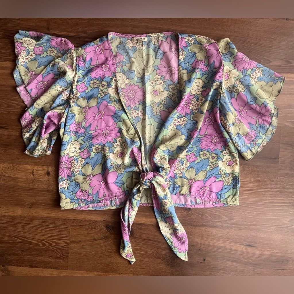 Other Floral Tie Front Wrap Short Sleeve Wrap/Blouse/Kimono Size XL / US 12-14 / IT 48-50 - 2 Thumbnail