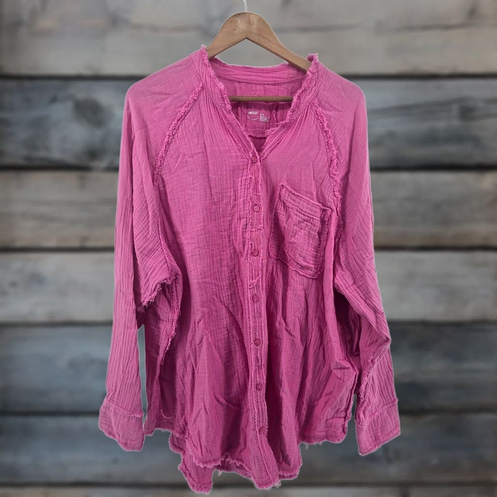 Vintage Aerie Button Down Shirt Womens M Pink Poolside Gauze Raw Hem Oversized Size M / US 6-8 / IT 42-44 - 1 Thumbnail