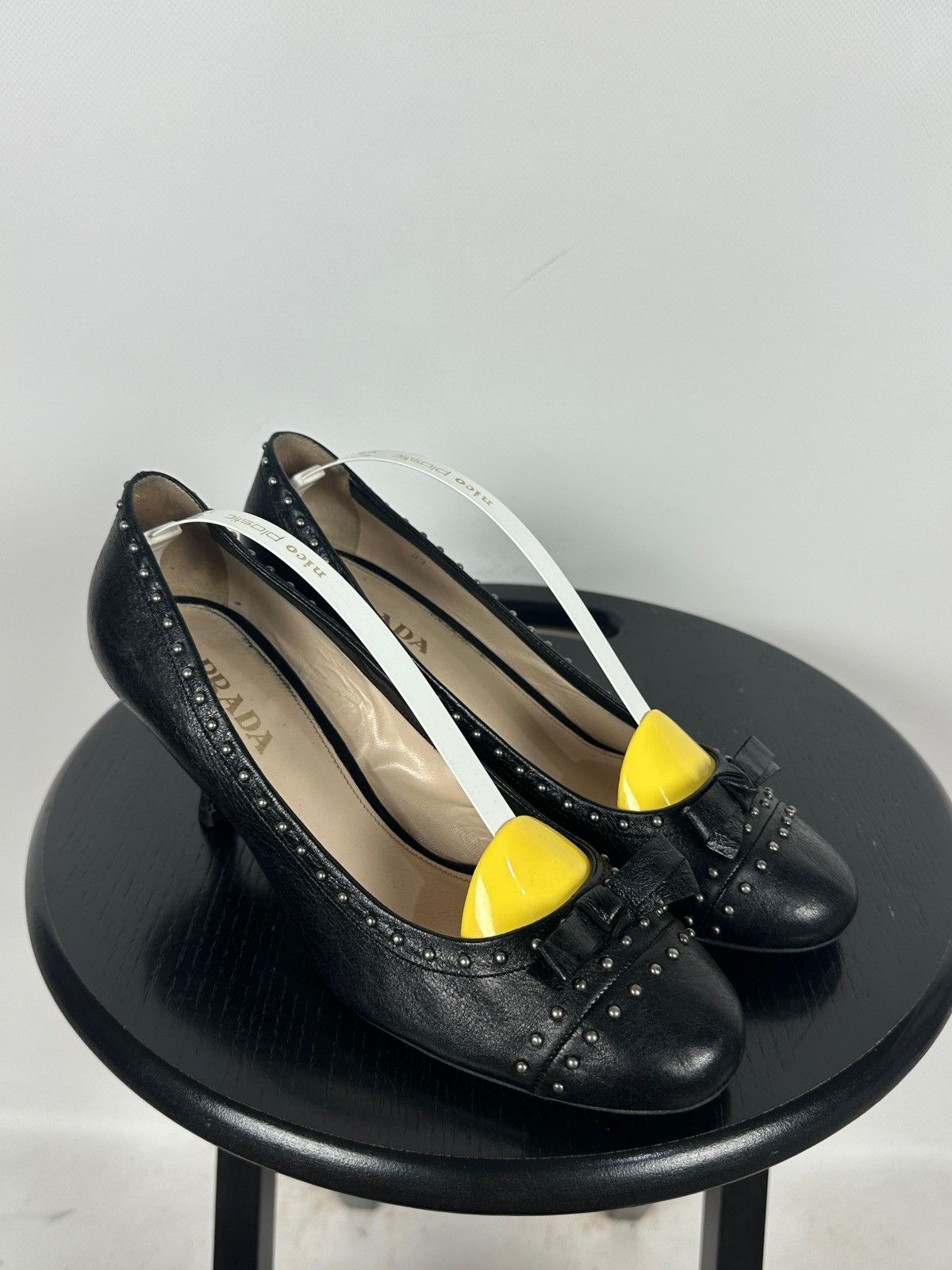 Prada Prada Black Leather Studded Bow Kitten Heels Pumps Size US 9 / IT 39 - 2 Thumbnail
