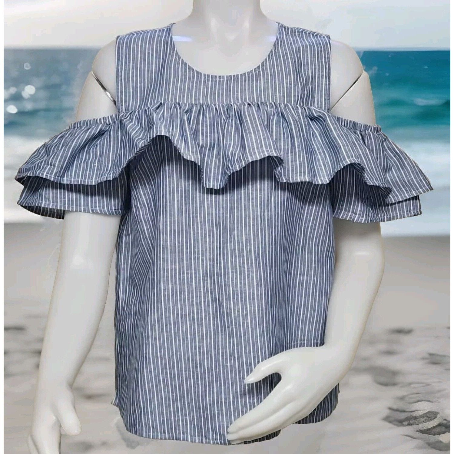 J.Crew J Crew Linen Blend Top Womens 12 Blue Striped Ruffle Collar Size XL / US 12-14 / IT 48-50 - 1 Thumbnail