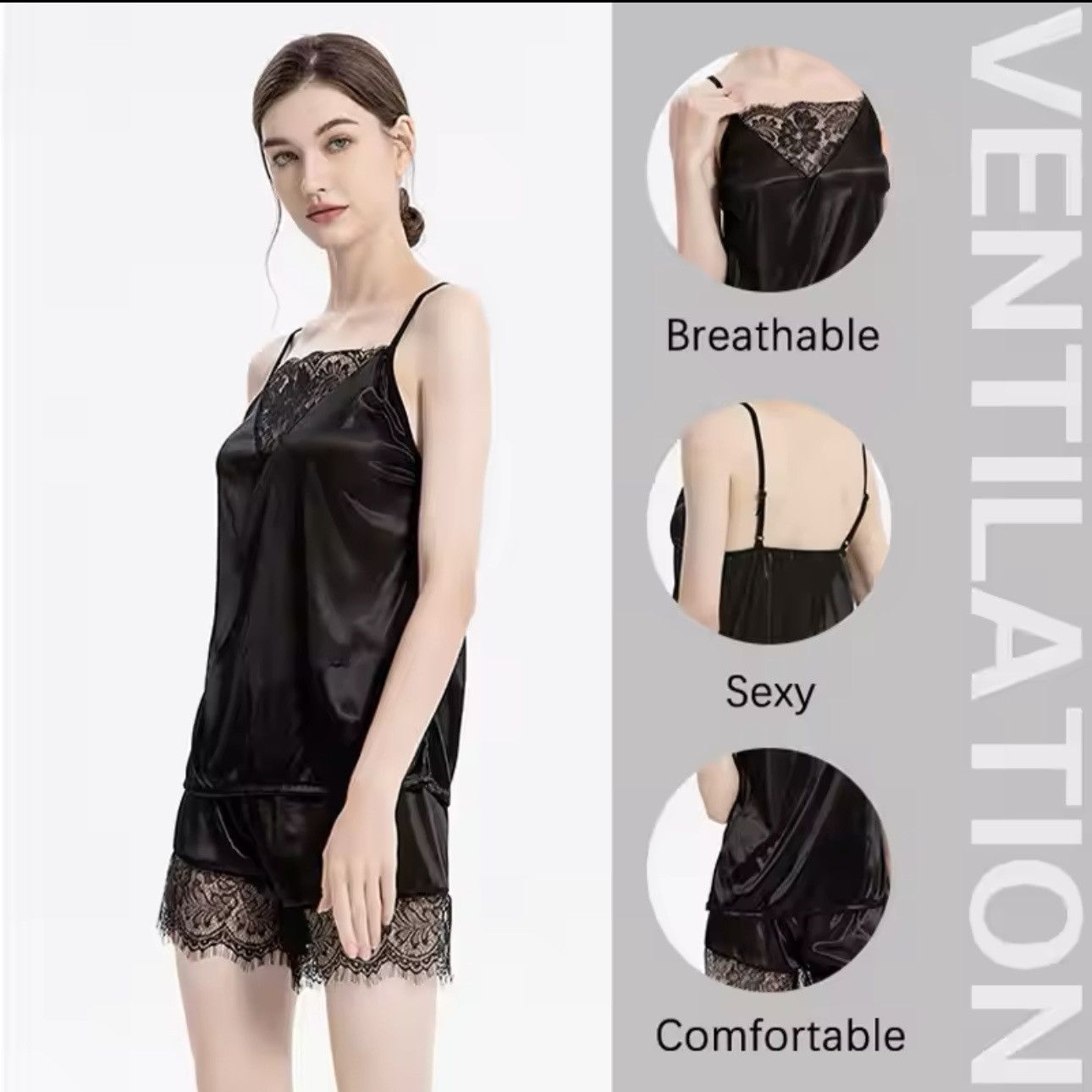 Designer Ice Silk Lace edge 2pc set: shorts + sleeveless top Home we Size M / US 6-8 / IT 42-44 - 3 Thumbnail
