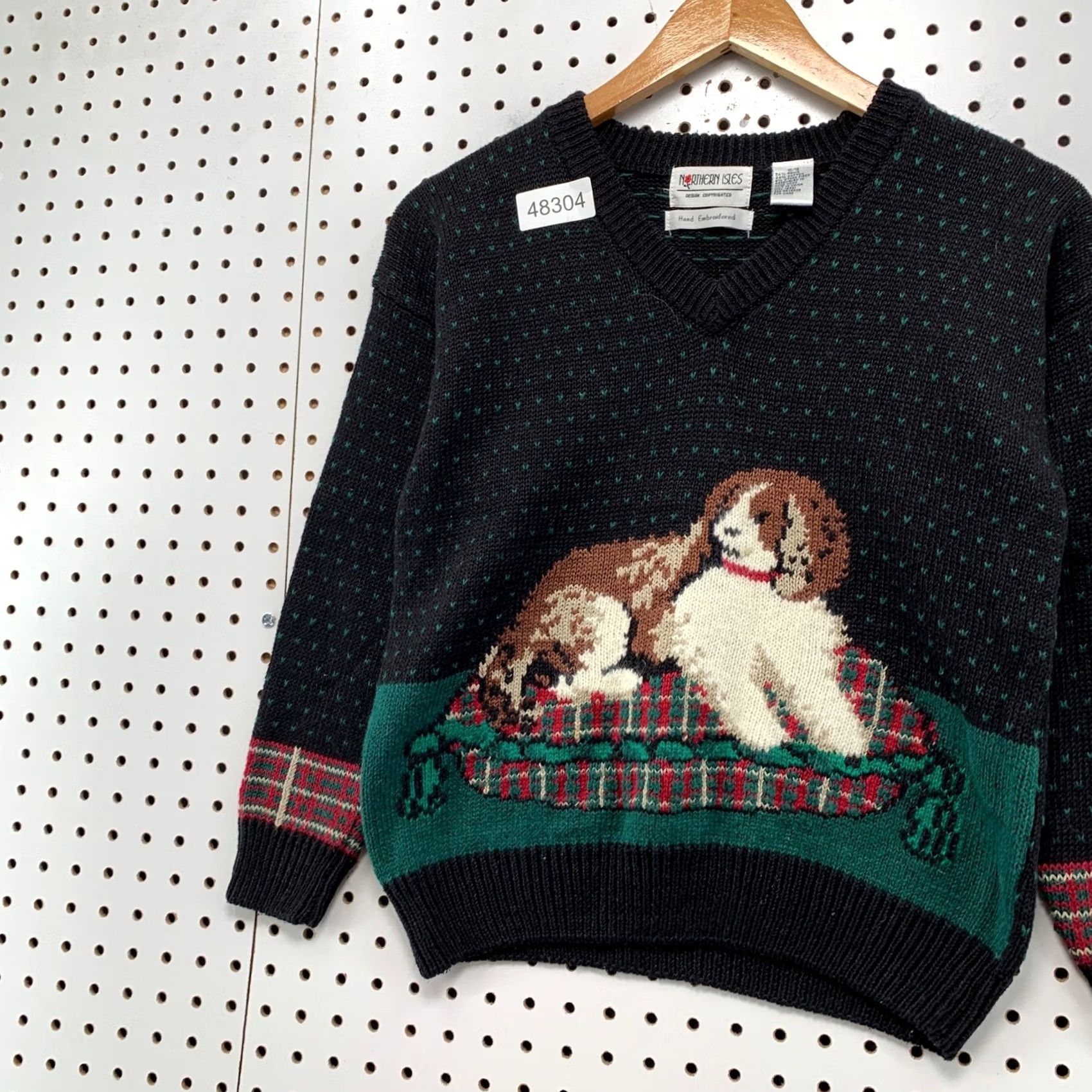 Vintage VINTAGE Northern Isles Dog Sweater Hand Embroidered V-Neck Womens 10 Black Plaid Knit Pullover | Animal Holiday Casual Womens Pullover Sweater 10 Size L / US 10 / IT 46 - 4 Thumbnail