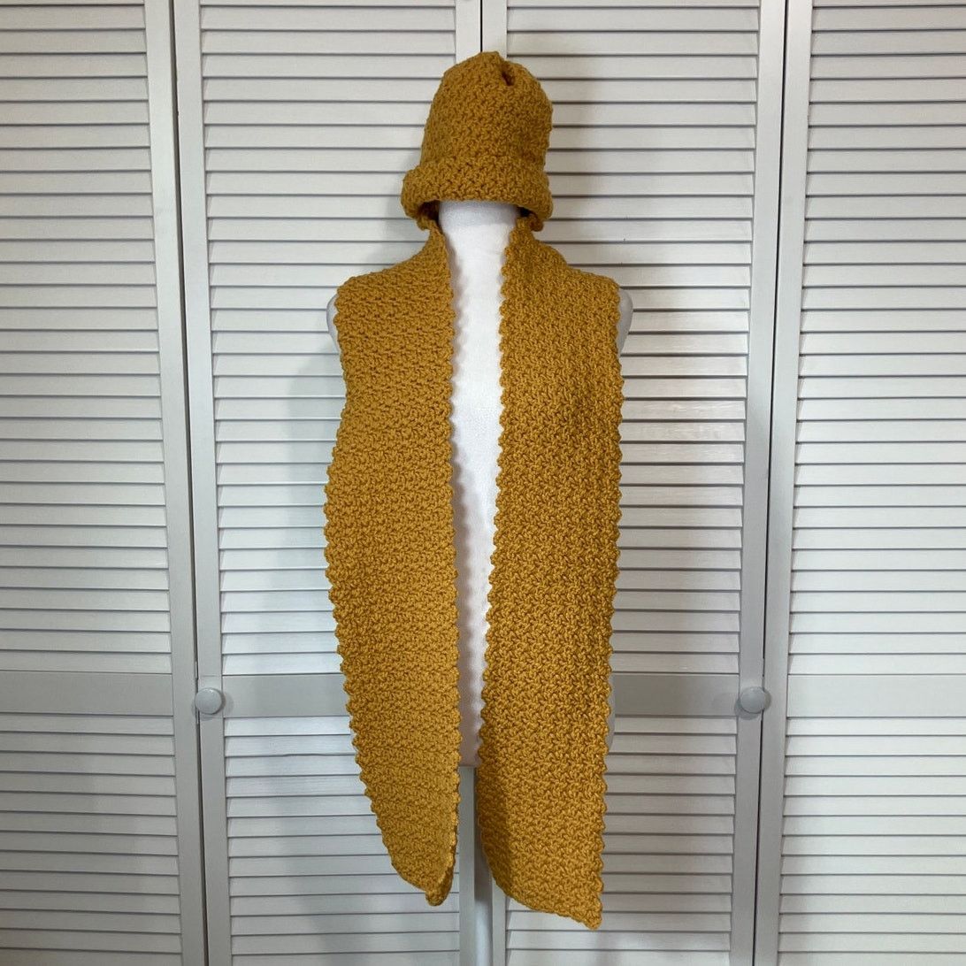 Handmade NWT Handmade Crocheted Mustard Textured Beanie Scarf 71” Size ONE SIZE - 4 Thumbnail