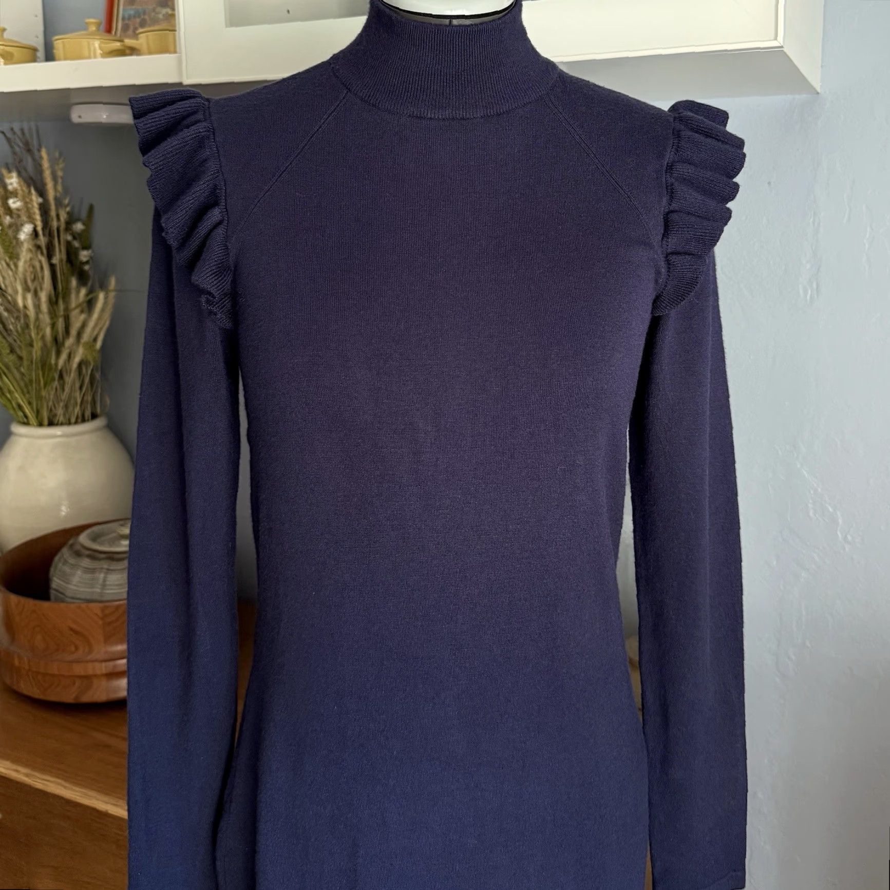 Michael Kors Michael Kors Navy Blue Ruffle Shoulder Sheath Viscose Blend Knit Dress Size S Size S / US 4 / IT 40 - 2 Thumbnail