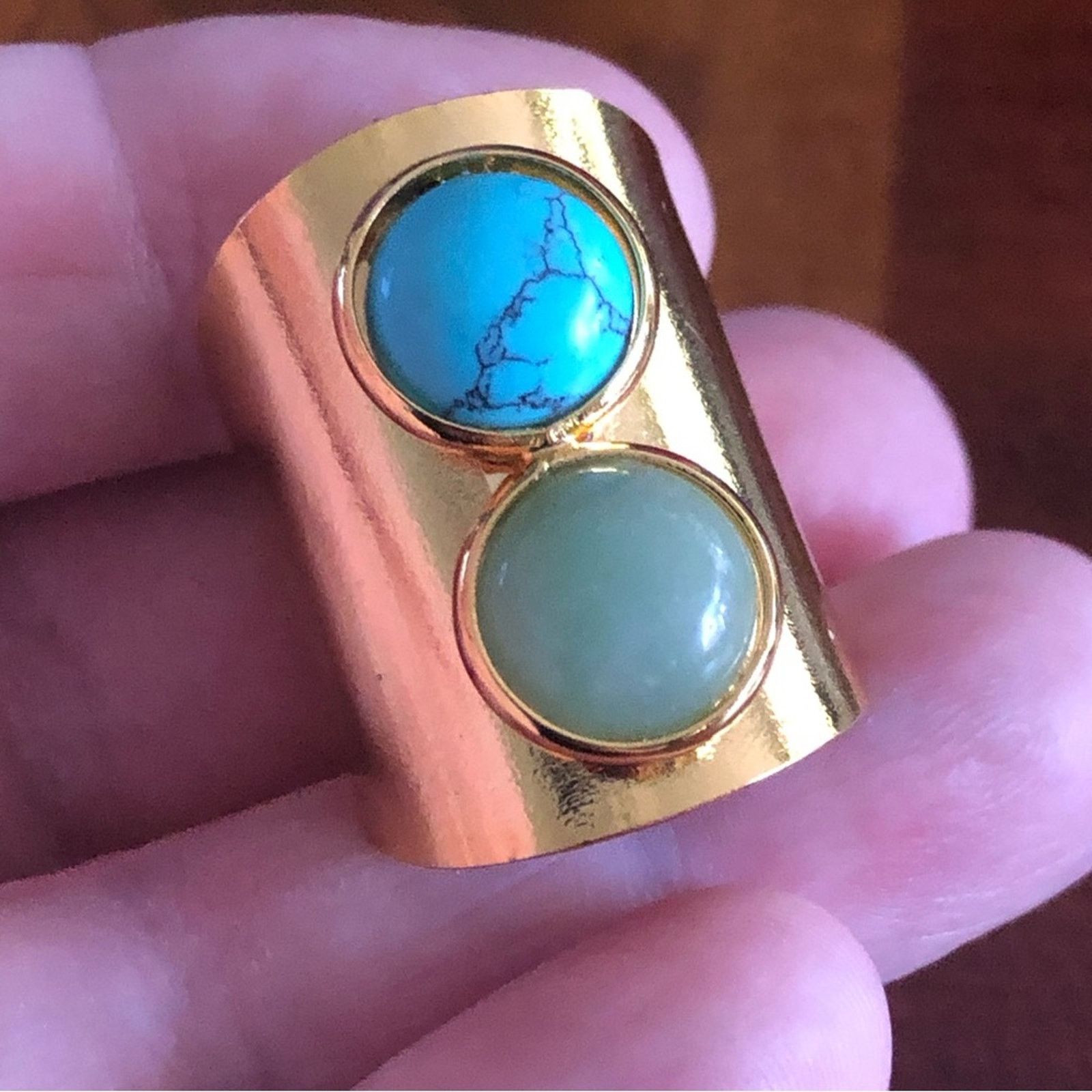 Jewelry Wide gold band duo howlite opalite cabochon ring Size ONE SIZE - 4 Thumbnail