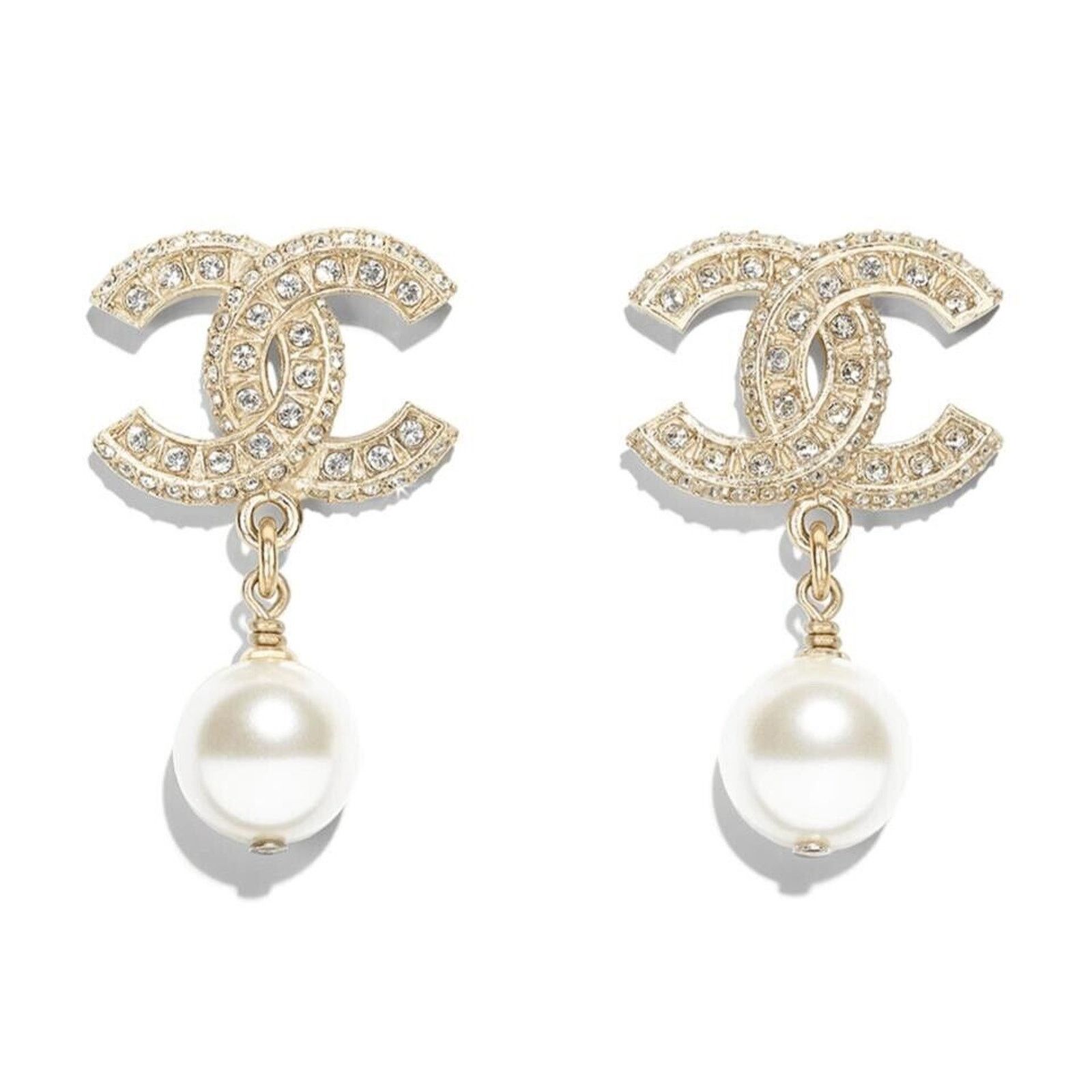 Chanel Chanel Gold Resin Crystal Pearl Statement Stud Drop Earrings Size ONE SIZE - 1 Thumbnail