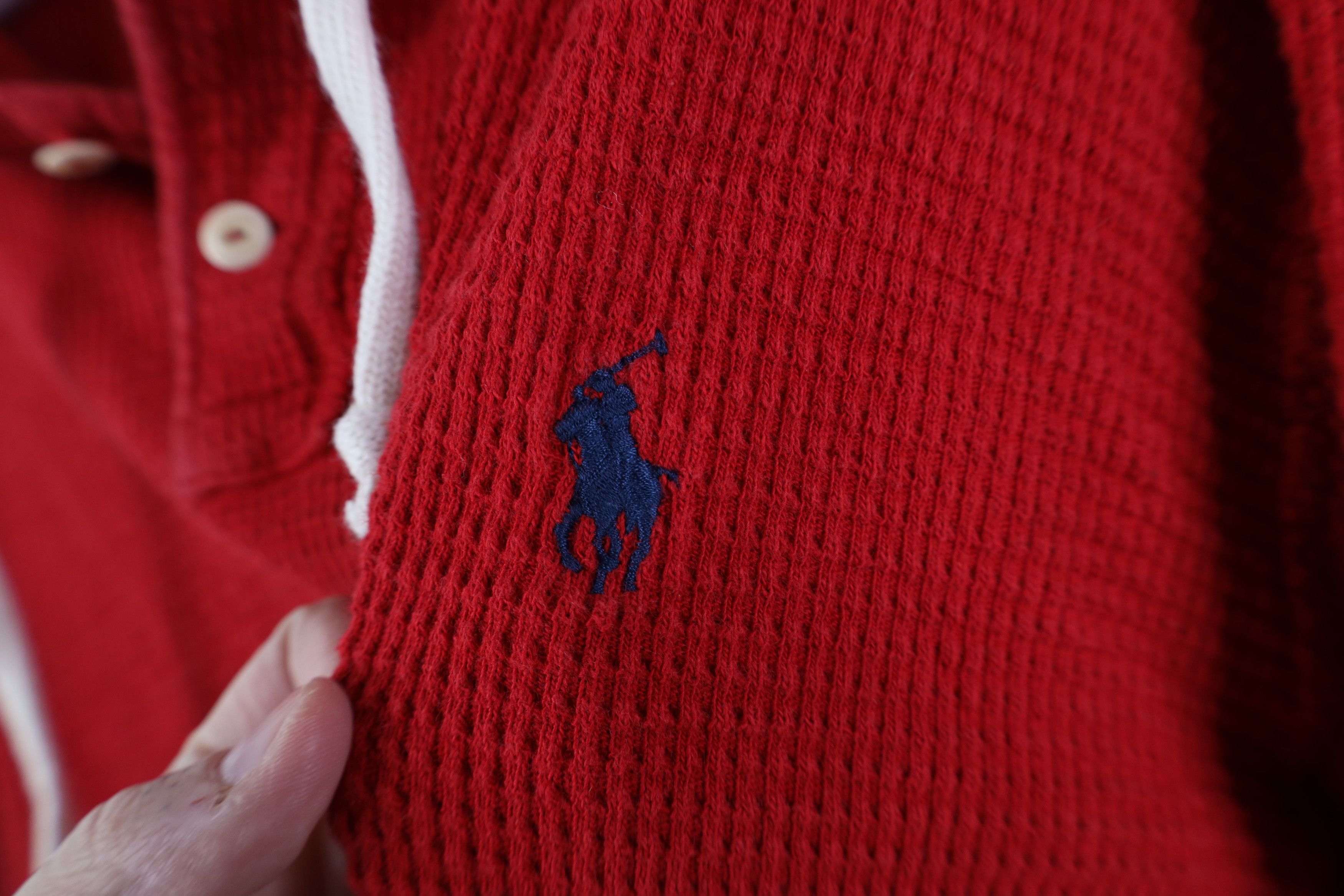 Ralph Lauren Vintage 90s Ralph Lauren Waffle Knit Henley Hoodie Red Size US XXL / EU 58 / 5 - 4 Thumbnail