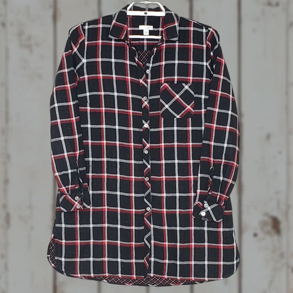J. Jill VINTAGE J.Jill Tunic Shirt Dress Short S Red Black White Plaid Collared Button Down 100% Cotton Womens Size S / US 4 / IT 40 - 1 Thumbnail